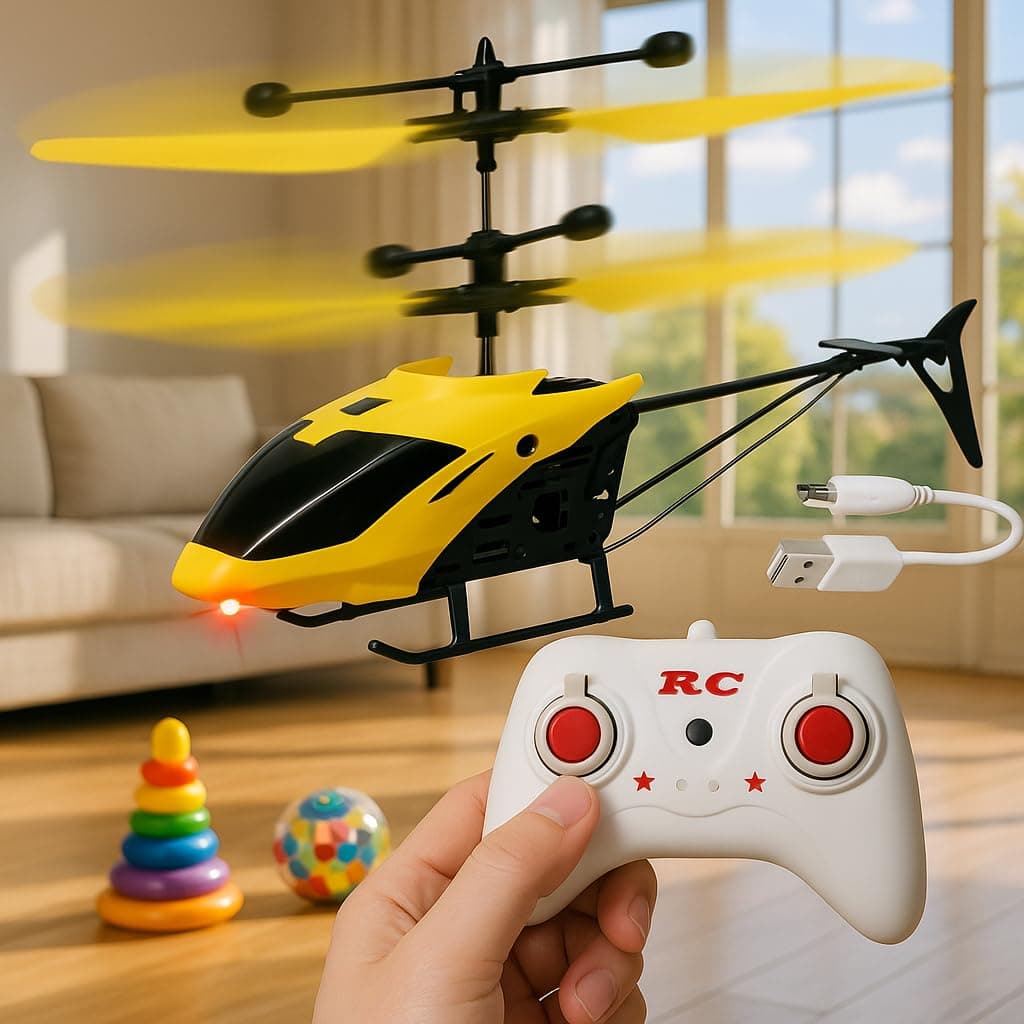 RC Helicopter With Hand Gravity Sensor, Flying Remote Control Helicopter Toy, Charging Helicopter With 3D Light & Safety Sensor For Kids Age 4+ Years I Pack Of 1 Heli (Style 1), Yellow
