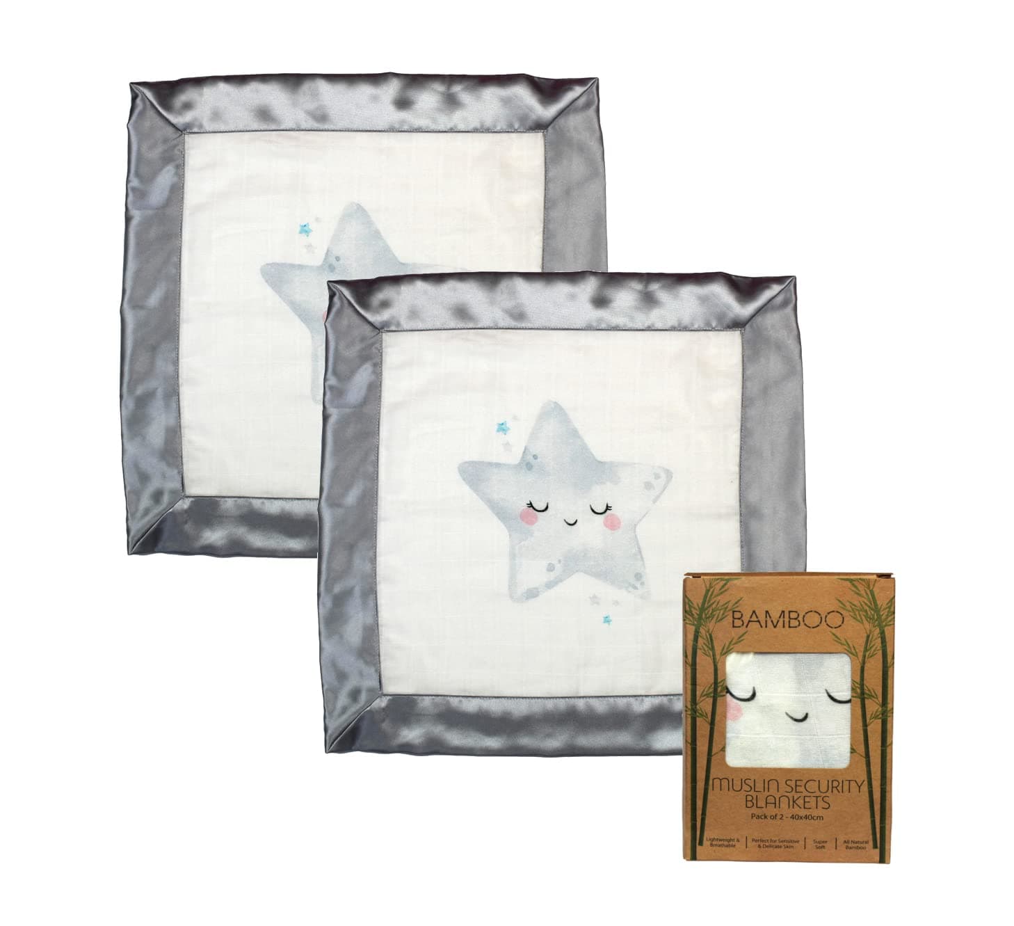Bamboo Baby Sensory Muslin Square/Comforter/Security Blanket - Pack of 2-40x40cm - 70% Bamboo / 30% Cotton with Satin Edge : Baby Boys or Girls (Sleeping Star)