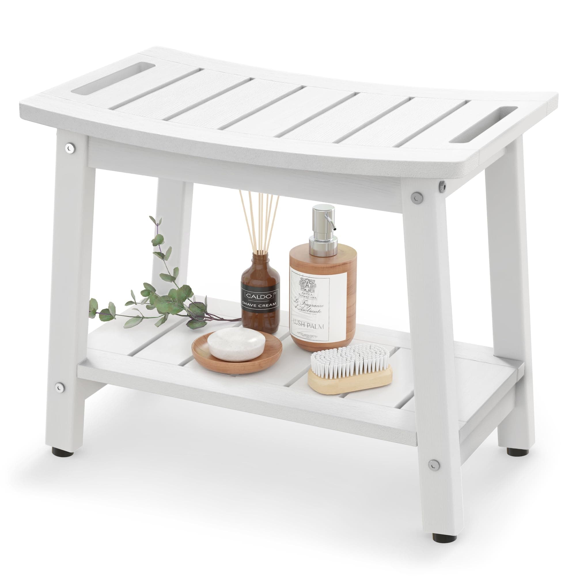 Shower Bench for Inside Shower - White HDPE Shower Stool Waterproof - Spa Bathroom Seat Chair with Handle, Storage Shelf, Adjustable Feet - Indoor/Outdoor, Weather Resistant
