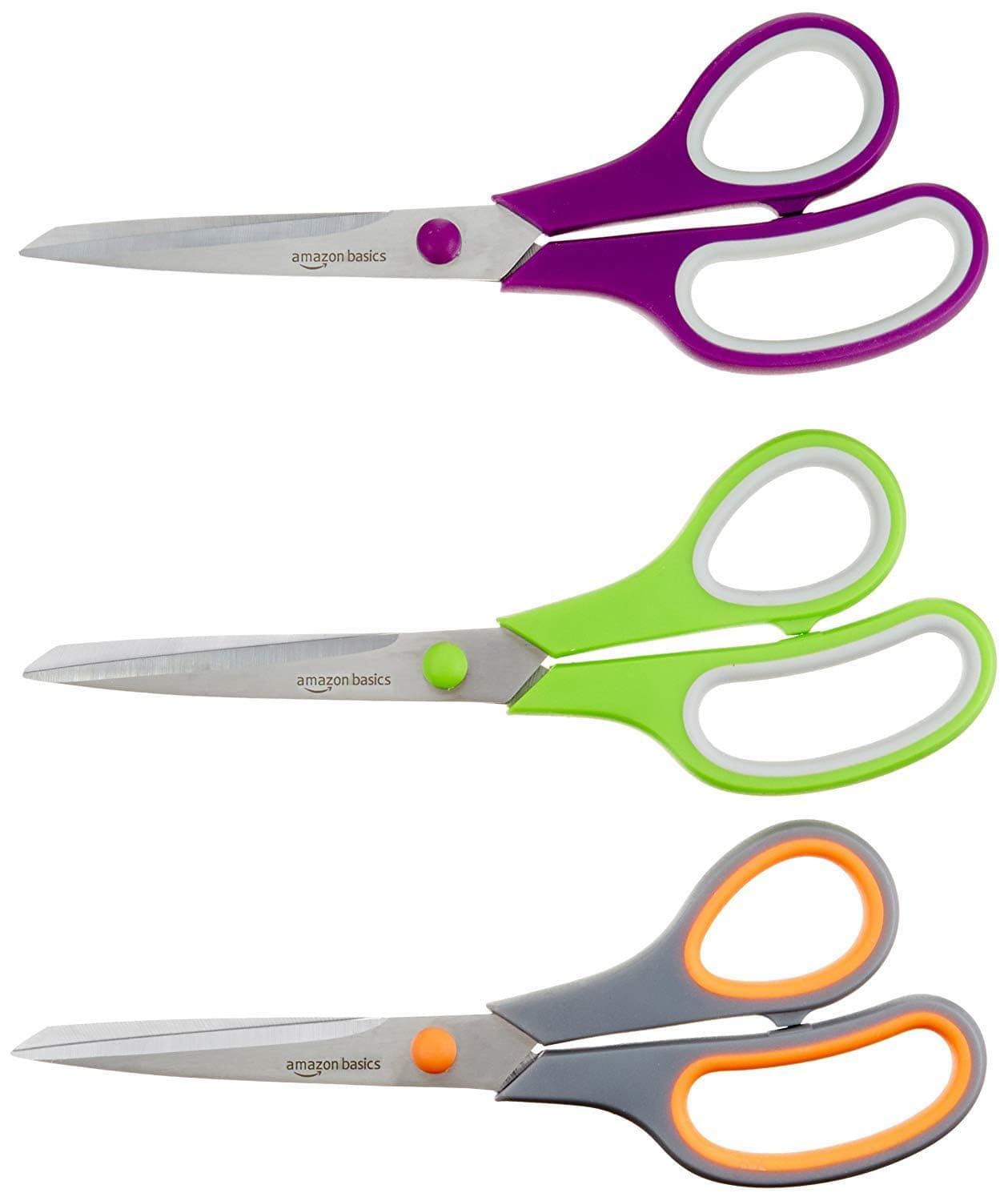 Amazon Basics Stainless Steel Scissors, Comfort Grip Multi-Functional Utility, Multipurpose, PVD Coated, Pack of 3, Office, Home, Kitchen, Multicolor