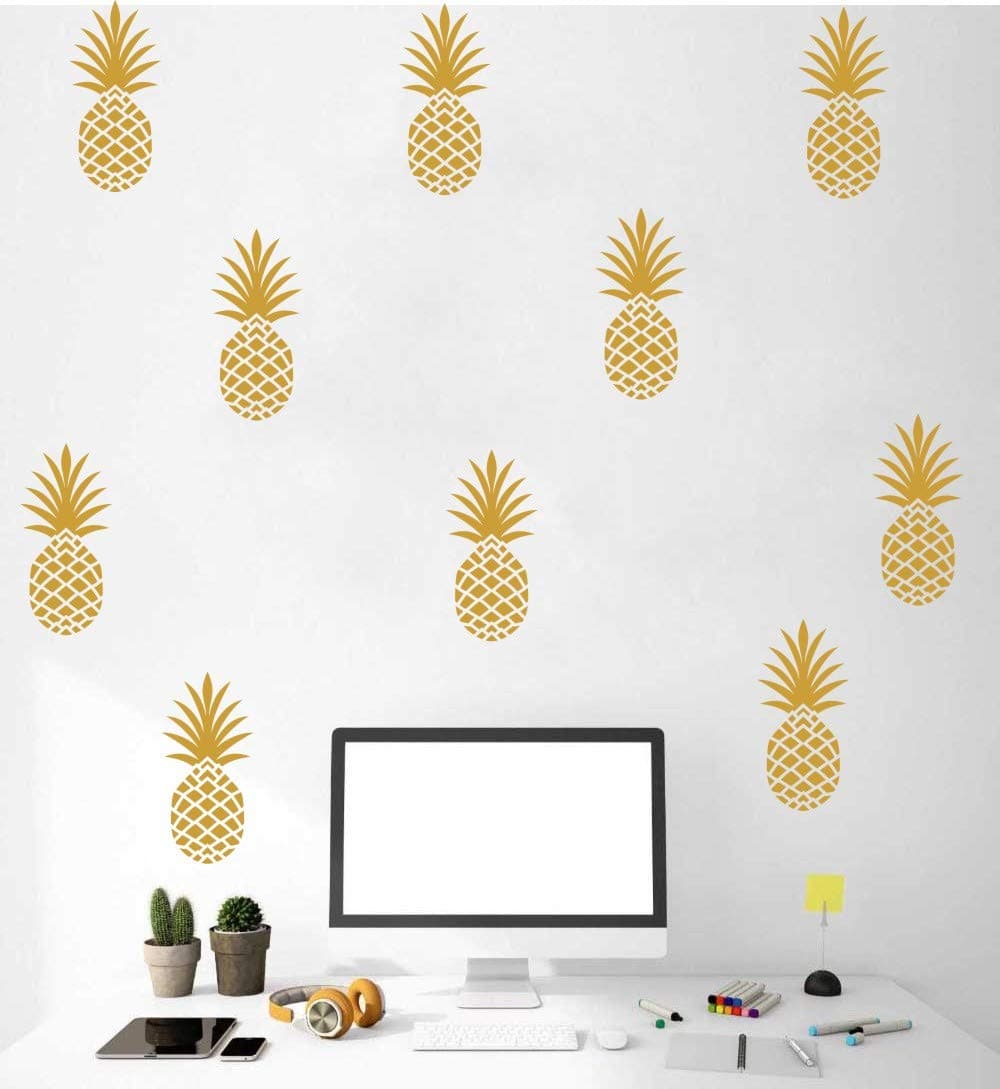 Pineapple Wall Decal Large 12 Set Pineapples Sticker/Home Decor Nursery Kids Bedroom Vinyl Wall Decal Mural (8" H X 3.5" W/Each) (Gold)