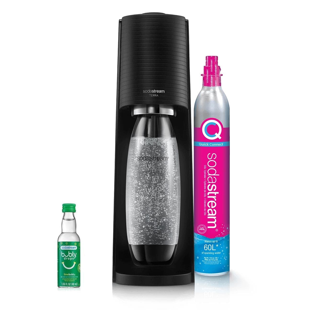 SodaStream - Terra Soda Streaming Machine - STARTER KIT - Sparkling Water Maker with CO2 & Bubly Drop - Eco-Friendly, No Batteries Needed - Black