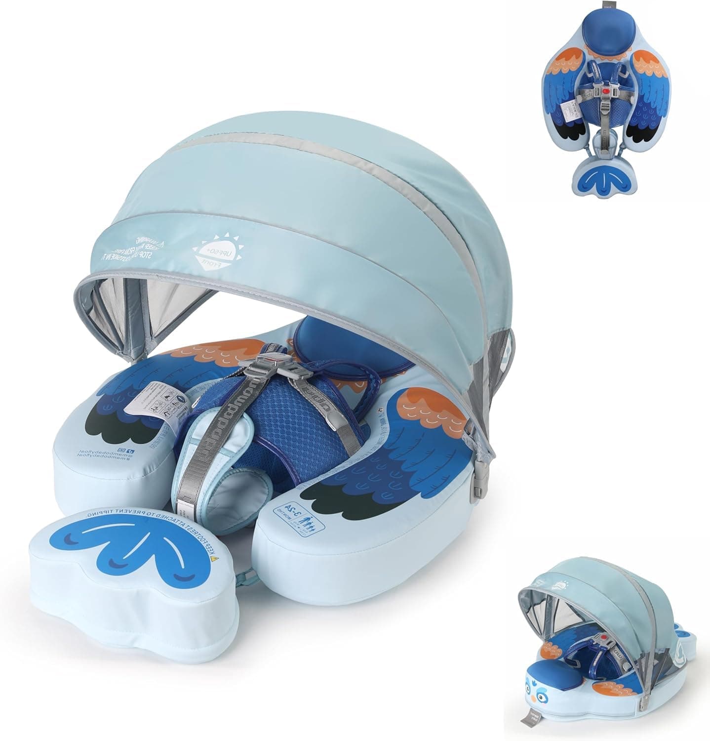 Baby Pool Float with UPF50+ 3D Adjustable Canopy, Add Tail Mambobaby Float Non Inflatable Infant Floats for Pool, Cartoon Narwhal Baby Floats (Bird Blue-48CMLUROHML01)