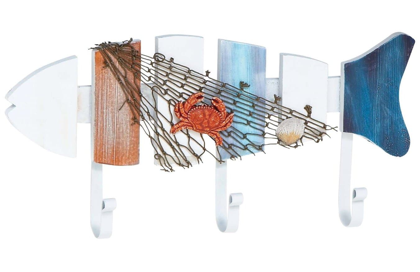 Three Hook Wall Rack, Wood Fish Nautical Decorative Sign Plaque, 14-inch, White Blue Red