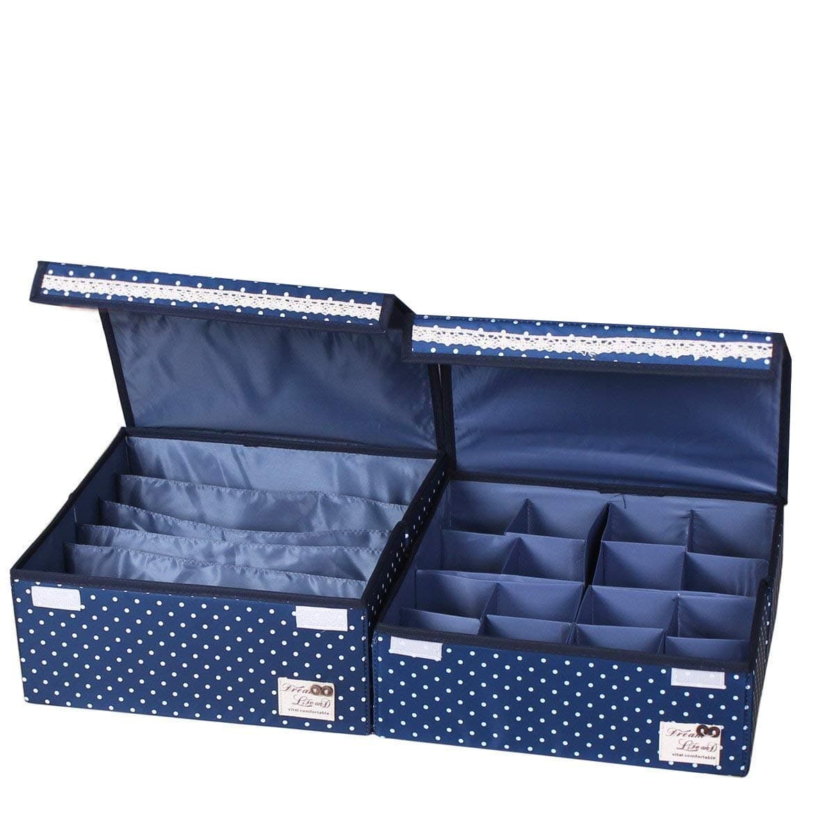 Foldable Washable Adjustable Storage Box Bra Underwear Socks Ties Closet Organizer Drawer Divider Kit with Dust-proof lids 2 Pcs/Set (Set(Bra box+16-Grid), Dot Blue)