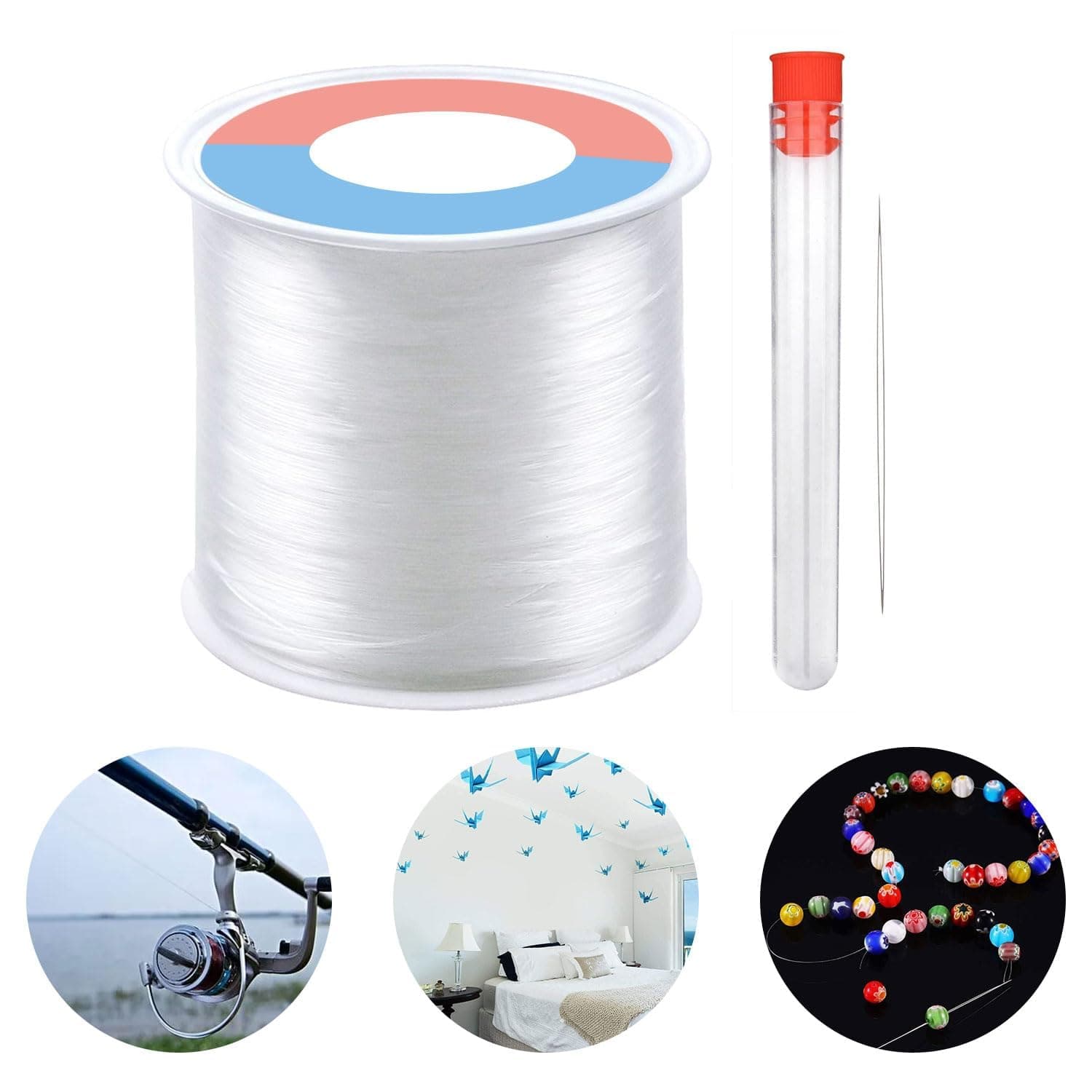 0.6mm Clear Nylon Thread for Hanging Decorations and Sewing, Clear Beading Thread Strong Fishing Line Invisible Nylon Thread Wire/Line with Bead Needle for Wedding Decorations