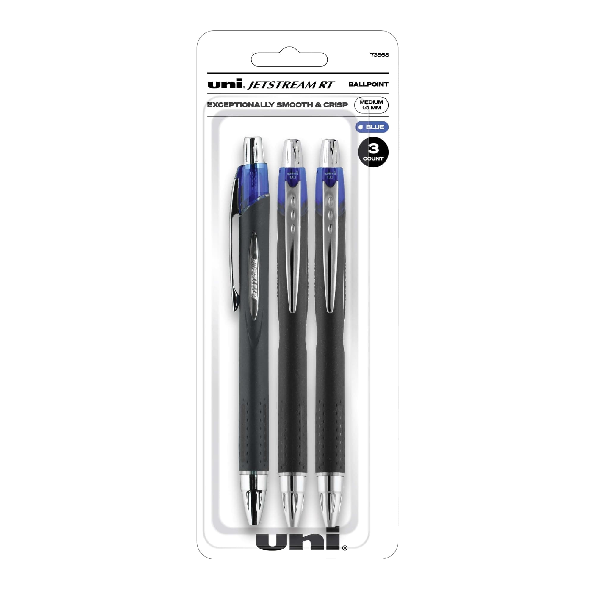 uni-ball® JetStream™ RT Retractable Ballpoint Pens, Bold Point, 1.0 mm, Black Barrel, Blue Ink, Pack Of 3