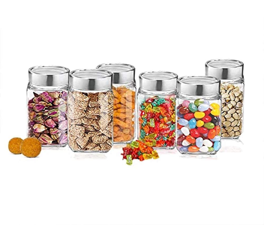 Cube Jar 310ml , Transparent Storage Container Glass Jar, Kitchen Glass Bottle for Spices (Set Of 6)