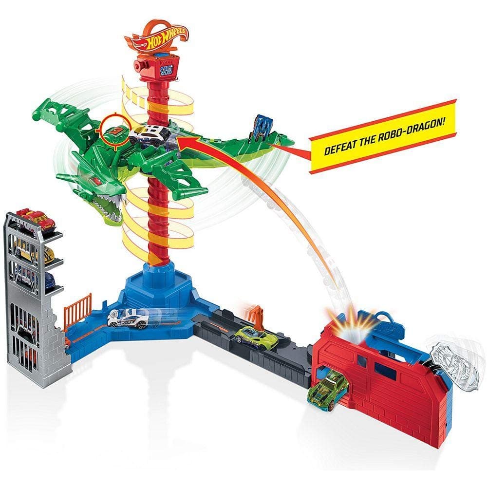 City Air Attack Robo Dragon Play Set Motorized with Different Sounds and 1 Hot Wheels Car GJL13, Multicolour