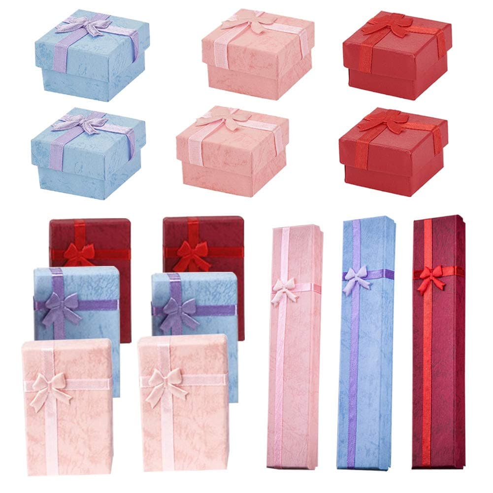15pcs Gift Box with Lid Square Long Rectangular Paper Jewelry Gifts Boxes with Bow-knot for Jewelry Display-rings, Small Watches, Necklaces, Earrings, Bracelet Gift Packaging Box (mix color)