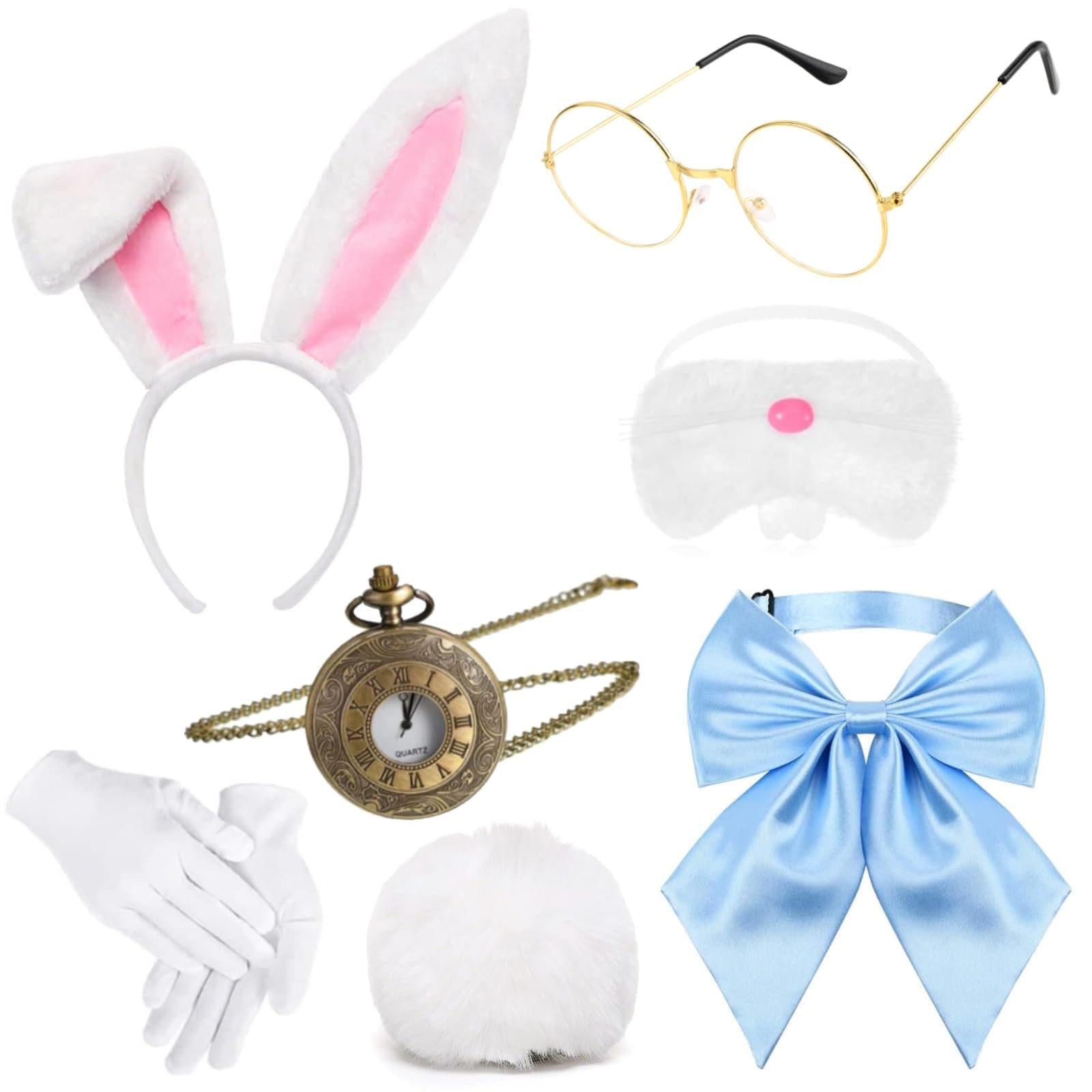7 Pcs Halloween White Rabbit Costume Include White Bunny Headband Bunny Nose Tail Gloves Pocket Watch Glasses and Bowtie for Men Women Dress Up