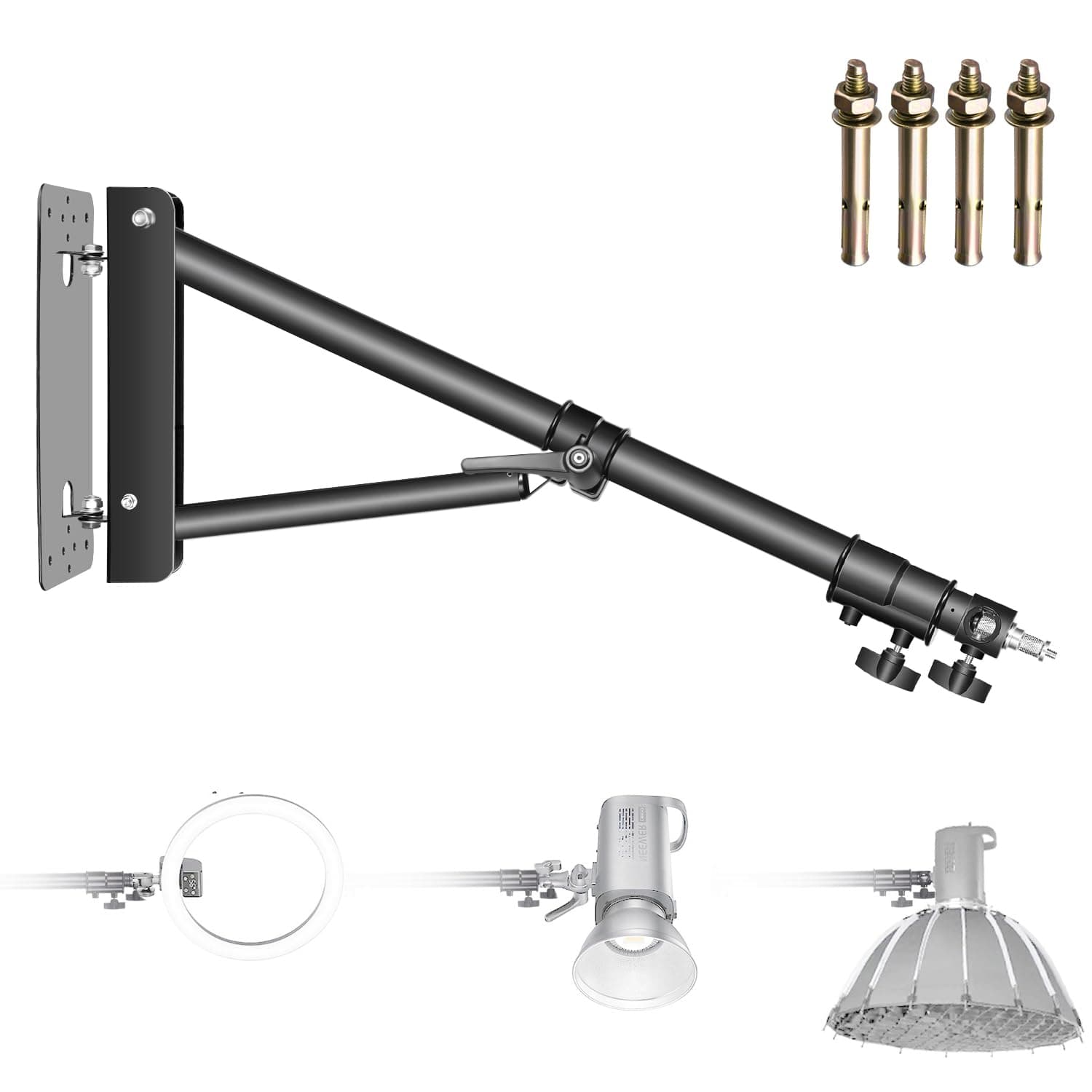 Wall Mounting Triangle Boom Arm for Ring Light, Monolight, Softbox, Reflector, Umbrella, and Photography Strobe Light, Support 180 Degree Rotation, Max Length 5.9 feet/180cm (Black)