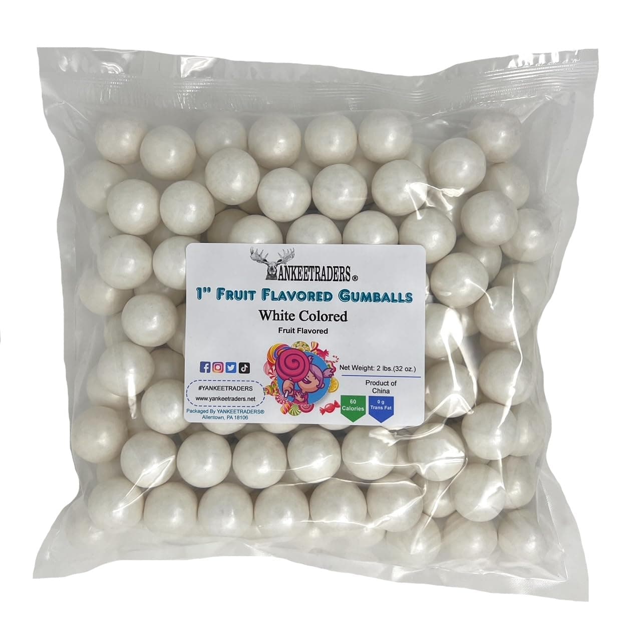 White Fruit Flavored Gumballs 1", 2 Pounds Bulk