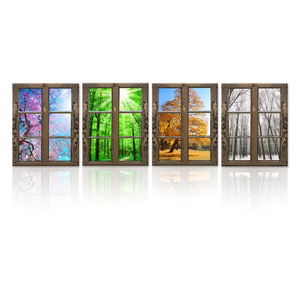 iHAPPYWALL 4 Seasons Modern Landscape Window Frame Style Wall Decor Spring Summer Autumn Winter Season Changes Forest with Sunshine Picture for Living Room Ready to Hang
