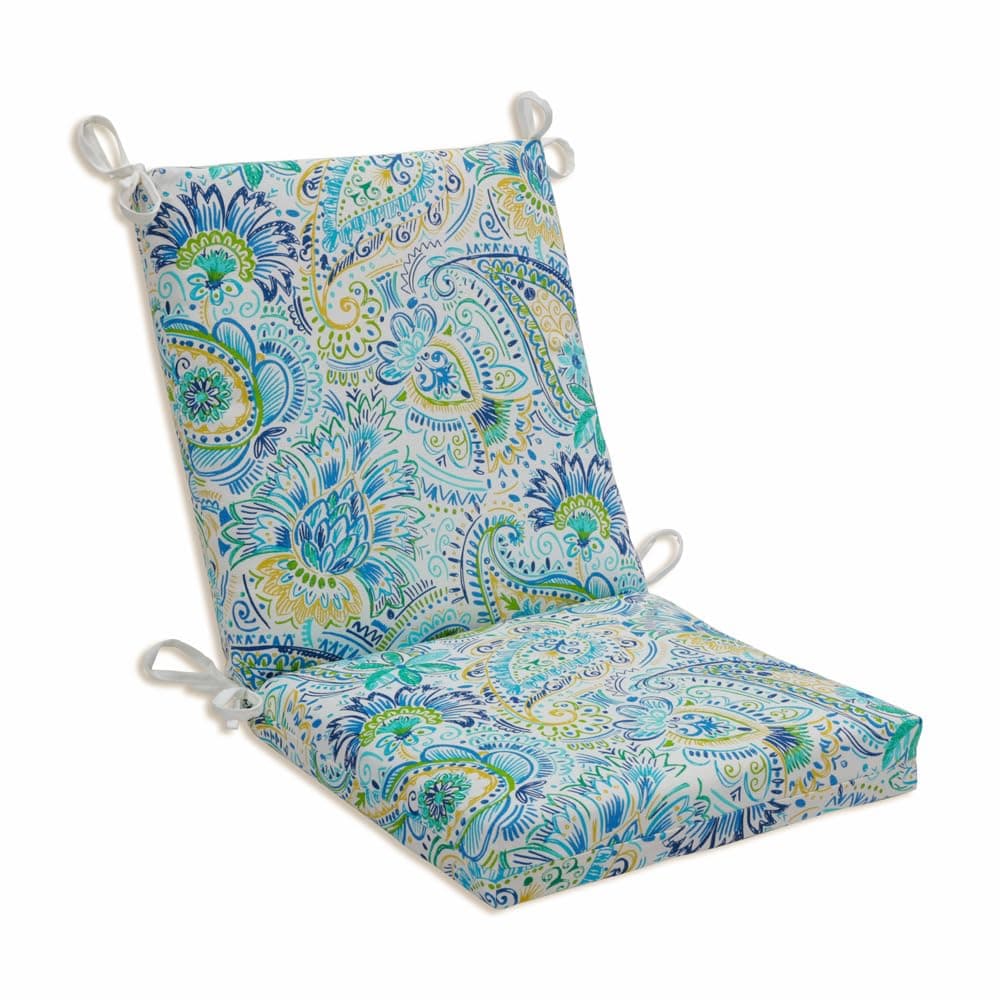 Paisley Indoor/Outdoor Solid Back 1 Piece Square Corner Chair Cushion with Ties, Deep Seat, Weather, and Fade Resistant, 36.5" x 18", Blue/Yellow Gilford,