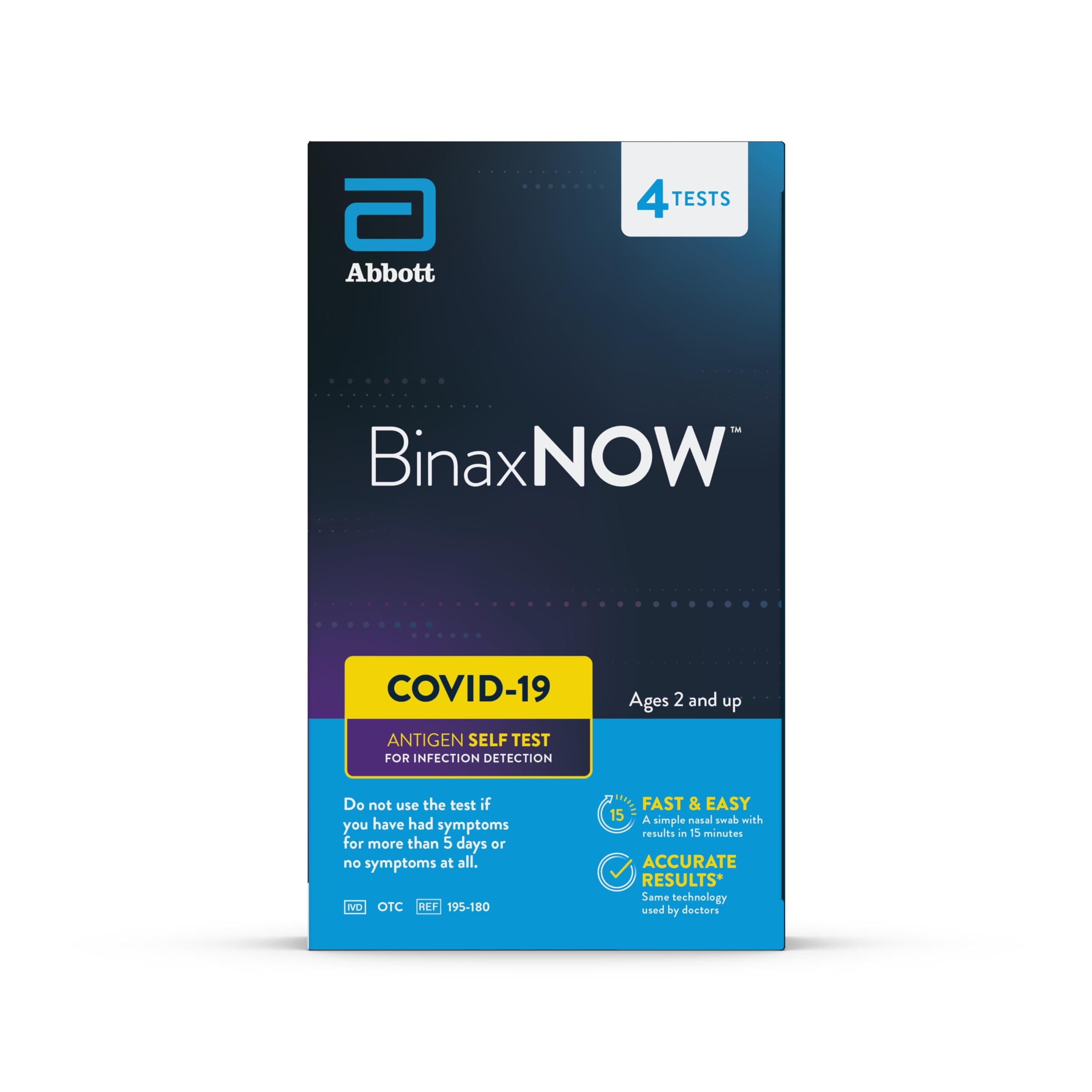 BinaxNOW COVID-19 Antigen Self Test, 1 Pack, 4 Tests Total, COVID Test With 15-Minute Results Without Sending to a Lab, Easy to Use at Home