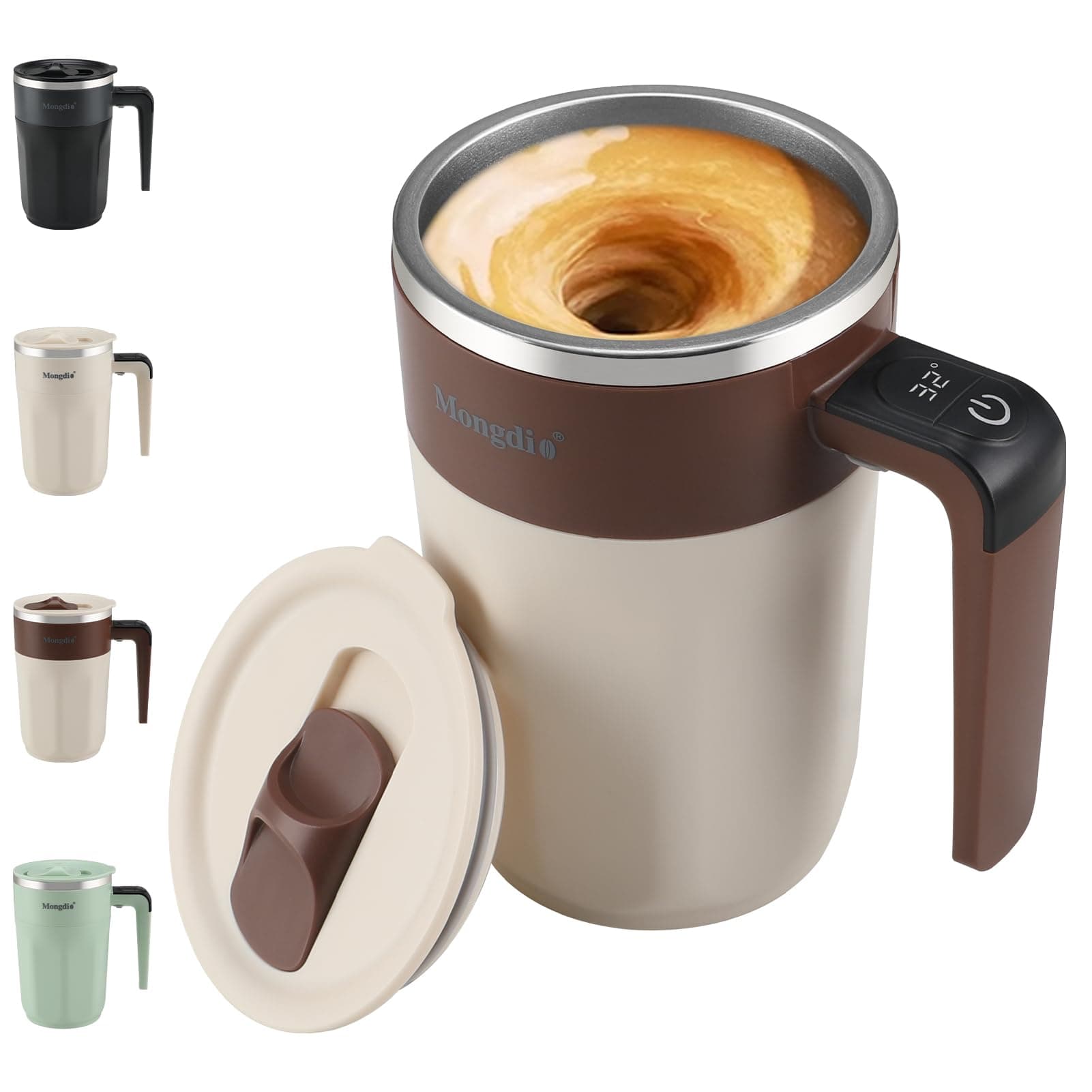 Mongdio Self Stirring Coffee Mug with Temperature Display, Rechargeable Stirring Mug, Automatic Self Stirring Cup with Lid, For Coffee, Milk and Other Beverages, Brown