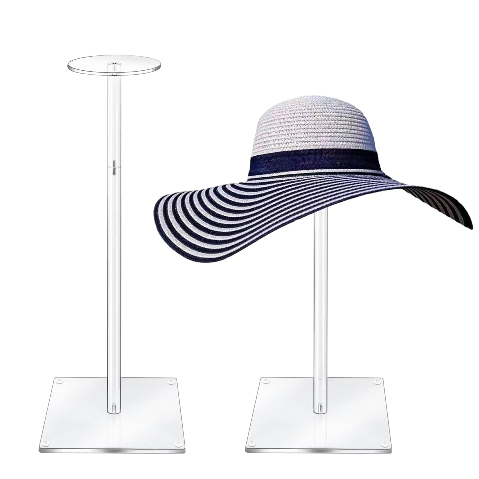 Acrylic Hat Stand and Wig Display Rack, 2pcs 17" Clear Hat Stands for Display, Adjustable Height Hat Holder, Square Barbell Base Display, Hat Rack Stand for Display Jewelry Watch Helmets