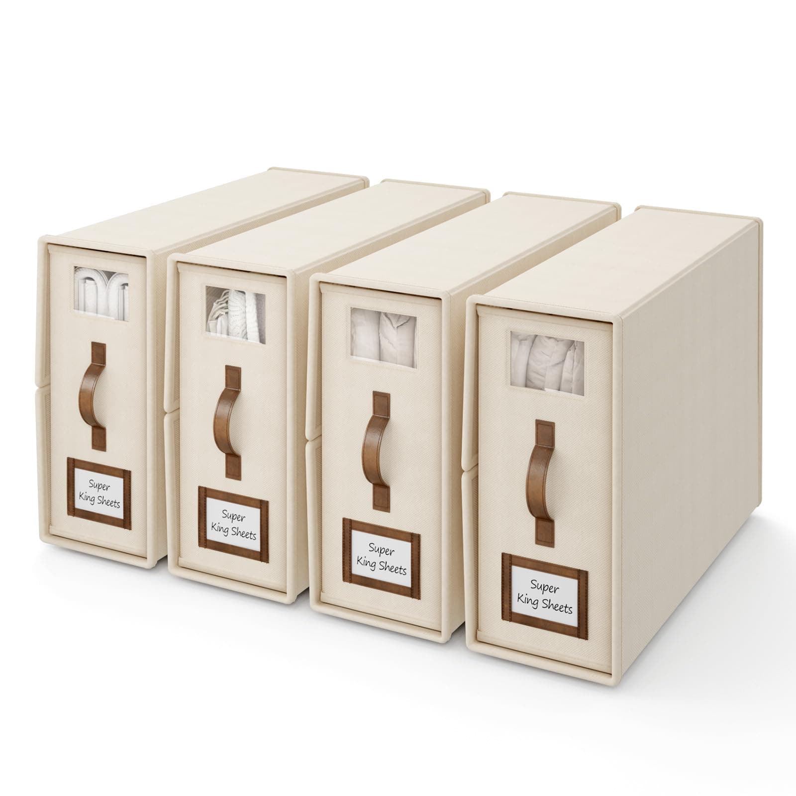 4 Pack Foldable Bed Sheets Set Organizers and Storage(Super King Size),Folding Bedding Storage Box with Window,Sheets Set Folder Keeper for Bedsheets,Blanket Organizer-Beige