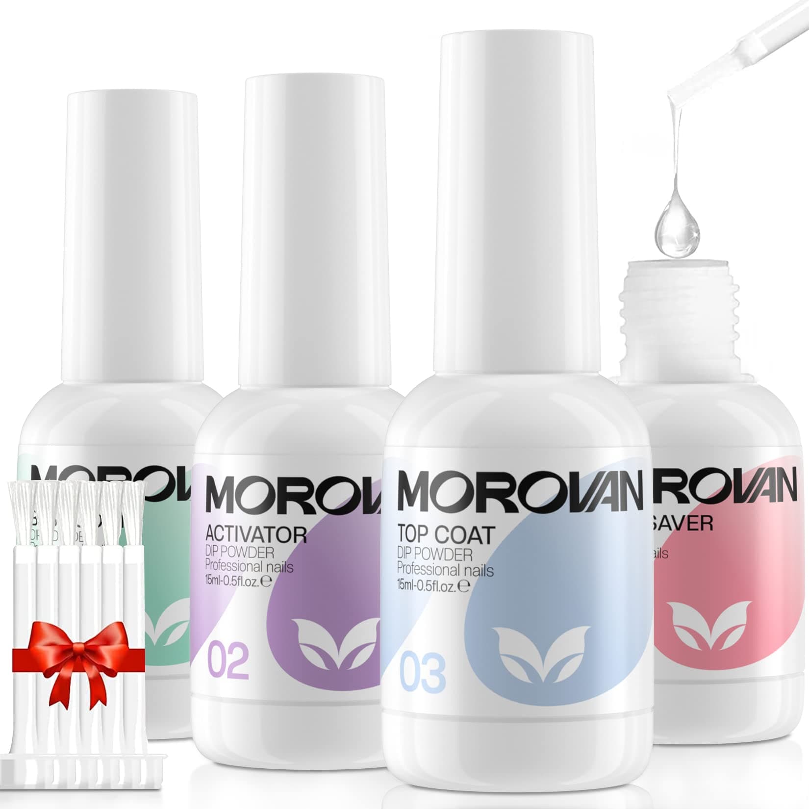 Morovan Dip Powder Liquid Set With Activator Base Top Coat And Dipping Brush Saver 4Pcs 0.5Oz For Nail Kit