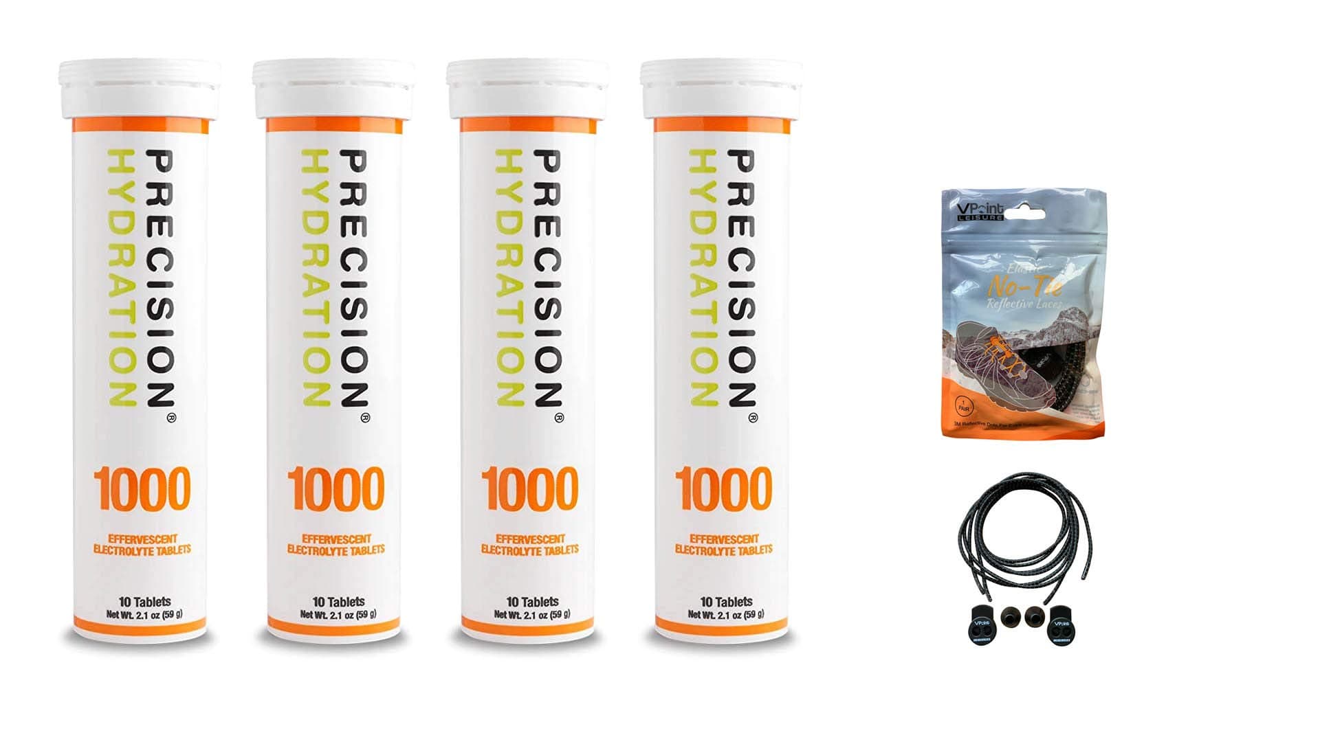 Precision Hydration Electrolyte Tablets - 4 Tubes of 10 x Tabs (1000 Strength). Bundled with a Pack of VPoint Leisure Elastic No-tie Reflective Shoe Laces