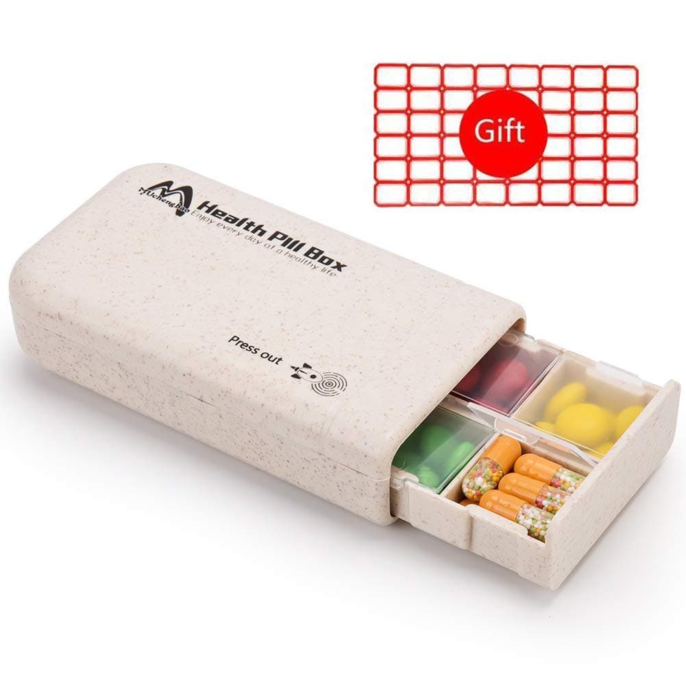Pill Box Organizer High Capacity Drawer Portable Pill Case Planner 6 Compartments Wheat Fiber ABS for Pocket or Purse Daily Pill Box (MC0006)