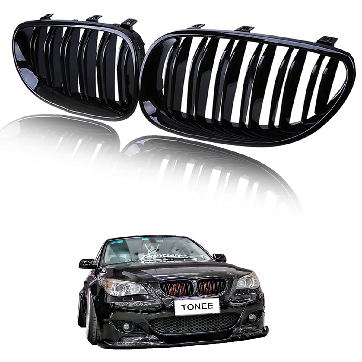 Tonee Front Kidney Grill Grille for 5 Series M5 E60 E61 525i 528i 530i 535i 540i 545i 550i 2004-2009 2Pcs (Gloss Black-Double Slats)