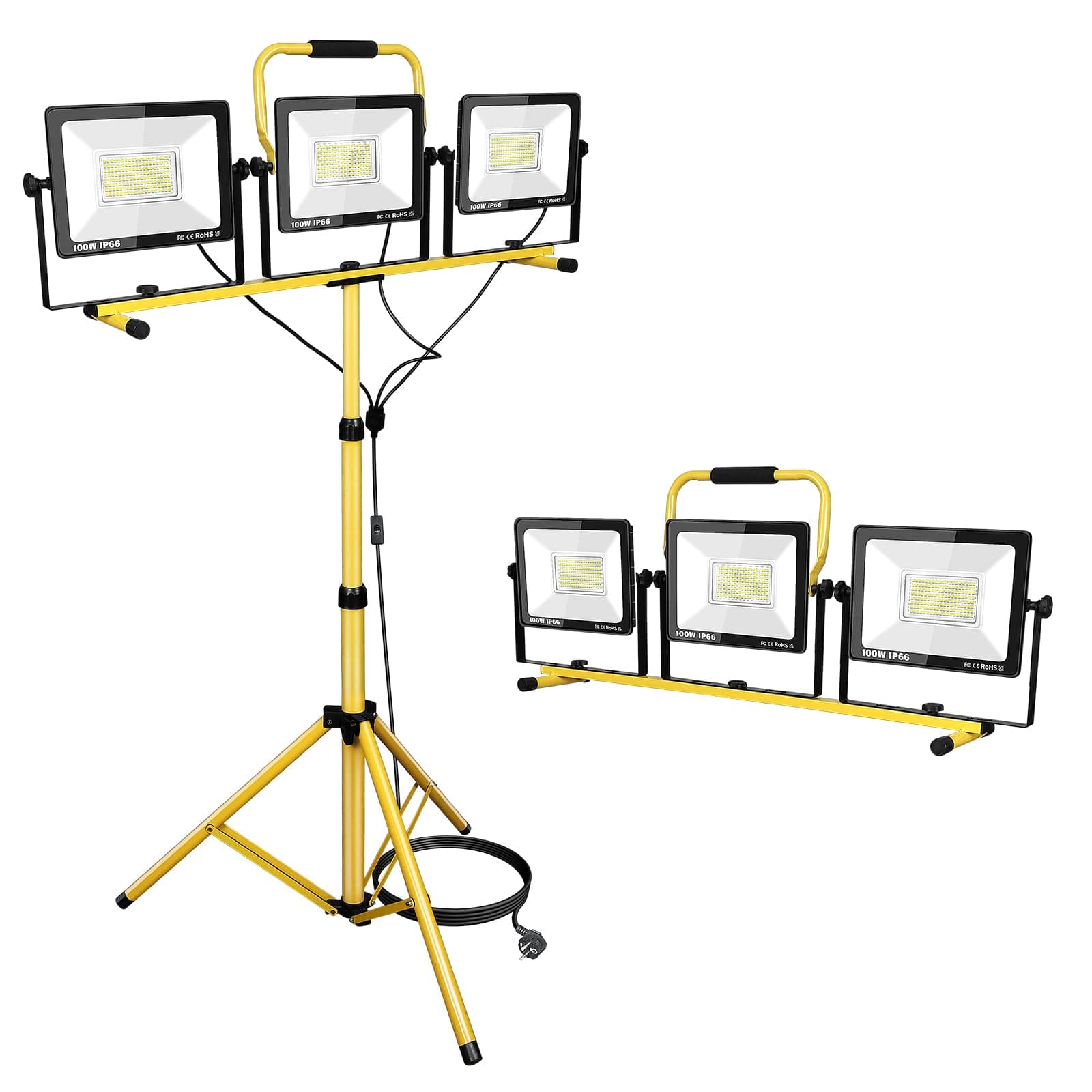 SKYWORLD 3 x 100W 10000LM Tripod LED Work Light, Adjustable Job Site Lighting Portable Led Flood Light with Metal Telescopic Tripod Stand, 5 Meter Power Cord for Workshop, Garage, Basement