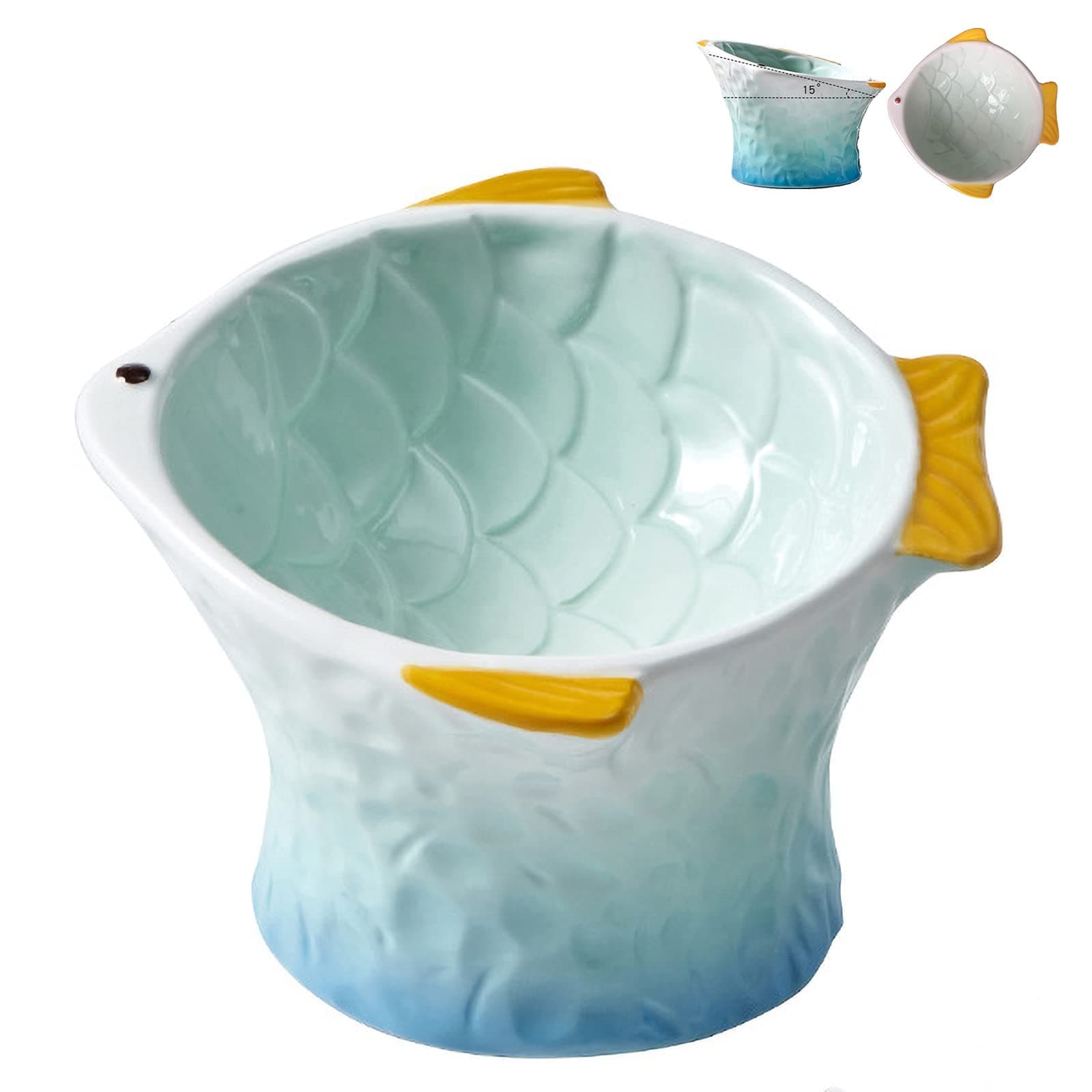Raised Tilted Ceramic Cat Food Bowl, Cute Fish Shape Elevated Slanted Shallow Angled Cat Dish, Personalized Pet Feeder for Kitty Dry Wet Treats Feeding, Ergonomic Anti Vomiting Whisker Friendly