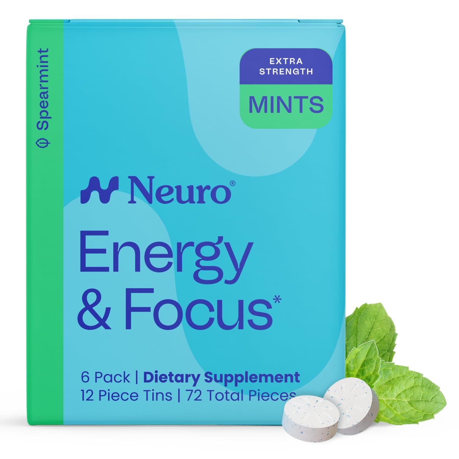 - Energy & Focus Mints, Extra Strength - Sugar Free Breath Mints with 100mg Natural Caffeine, B Vitamins & L-Theanine - Vegan Brain Supplement for Exercise, Study & Daily Focus - Spearmint, 72 ct