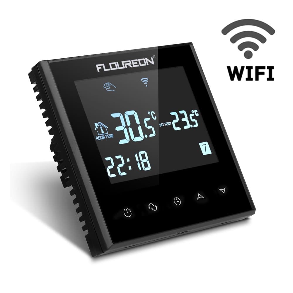 FLOUREON Wifi Thermostat LCD Touchscreen Heating Thermostat Support App Control Electric Heating Thermostat Programmable 5/5+1/5+2 Underfloor Temperature Controller (Black)