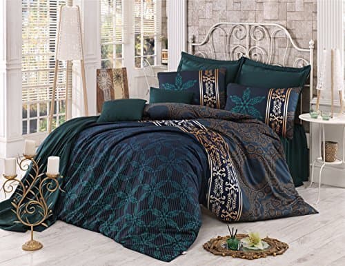 OMASES Bedding Set Double Retro 3 Pieces Cotton Damask Leaf Mandala Linen Green Gold Indian Satin 200x200 cm Duvet Quilt Cover Egyptian Oriental Sultan Vintage Ethnic African Middle East 121VCT23242