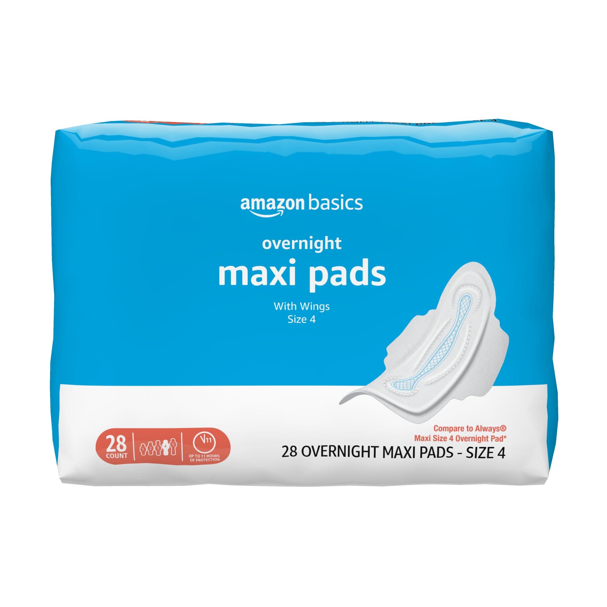 Amazon Basics Thick Maxi Pads with Wings for Periods, Overnight Absorbency, Leak Protection, Super Absorbent, Unscented, Size 4, 28 Count
