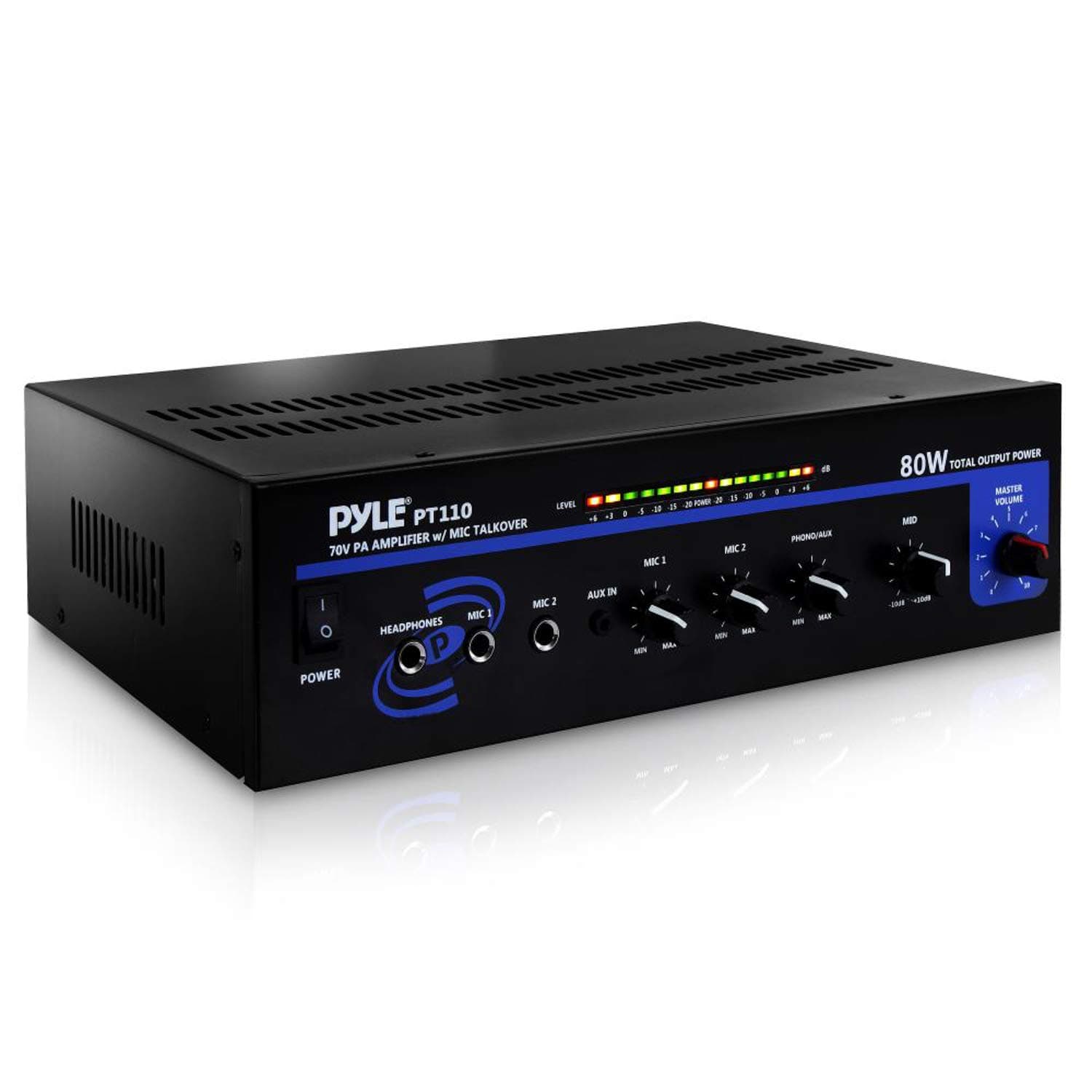 Compact Mono Public Address Amplifier - Professional 80 Watt Peak 70v PA Amplifier for Restaurants or Commercial Applications, 2 Mic Inputs With Independent Volume Control, Headphone In - PT110