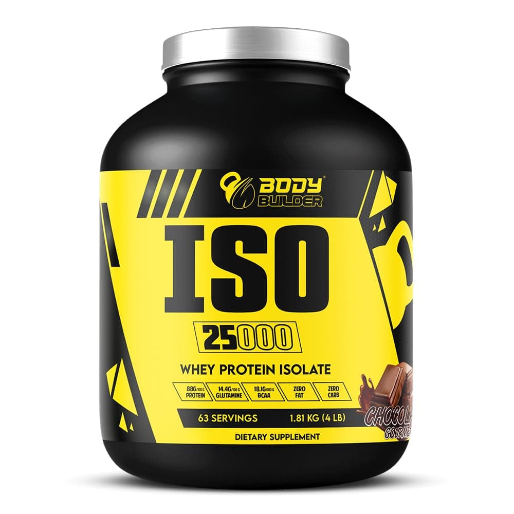 Body Builder ISO 25000 Isolate Whey Protein Powder (4LB) - 88% OF PROTEIN - Zero Sugar, Carb & Fat - With 18% BCAAs & 14% Glutamine - (Gourmet Chocolate, 4 LB)
