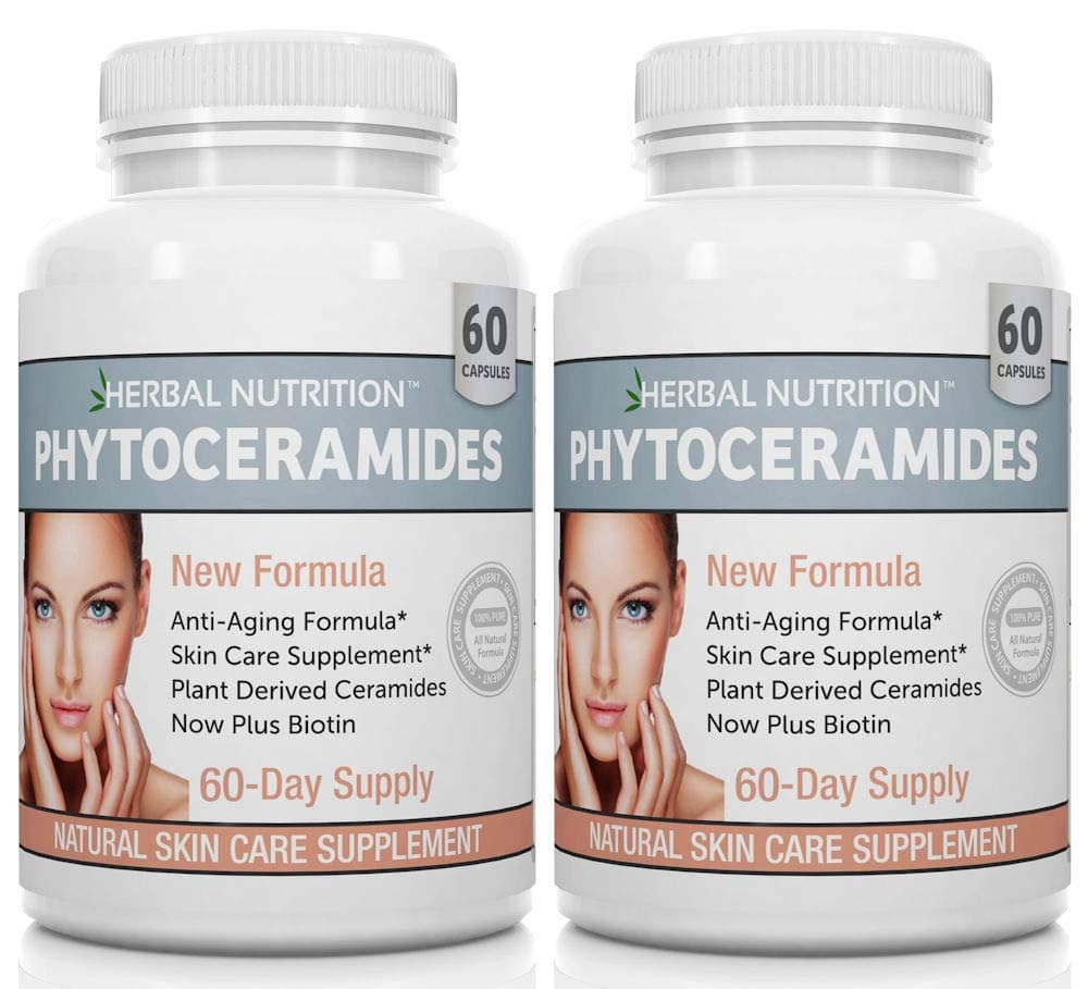 Phytoceramides Rice Based with Biotin Anti Aging Supplement, Wrinkle Remover and Facial Moisturizing with Phytoceramides Vitamin A, C, D and E, Two Bottle Pack, 120 Capsules 40mg, Gluten Free