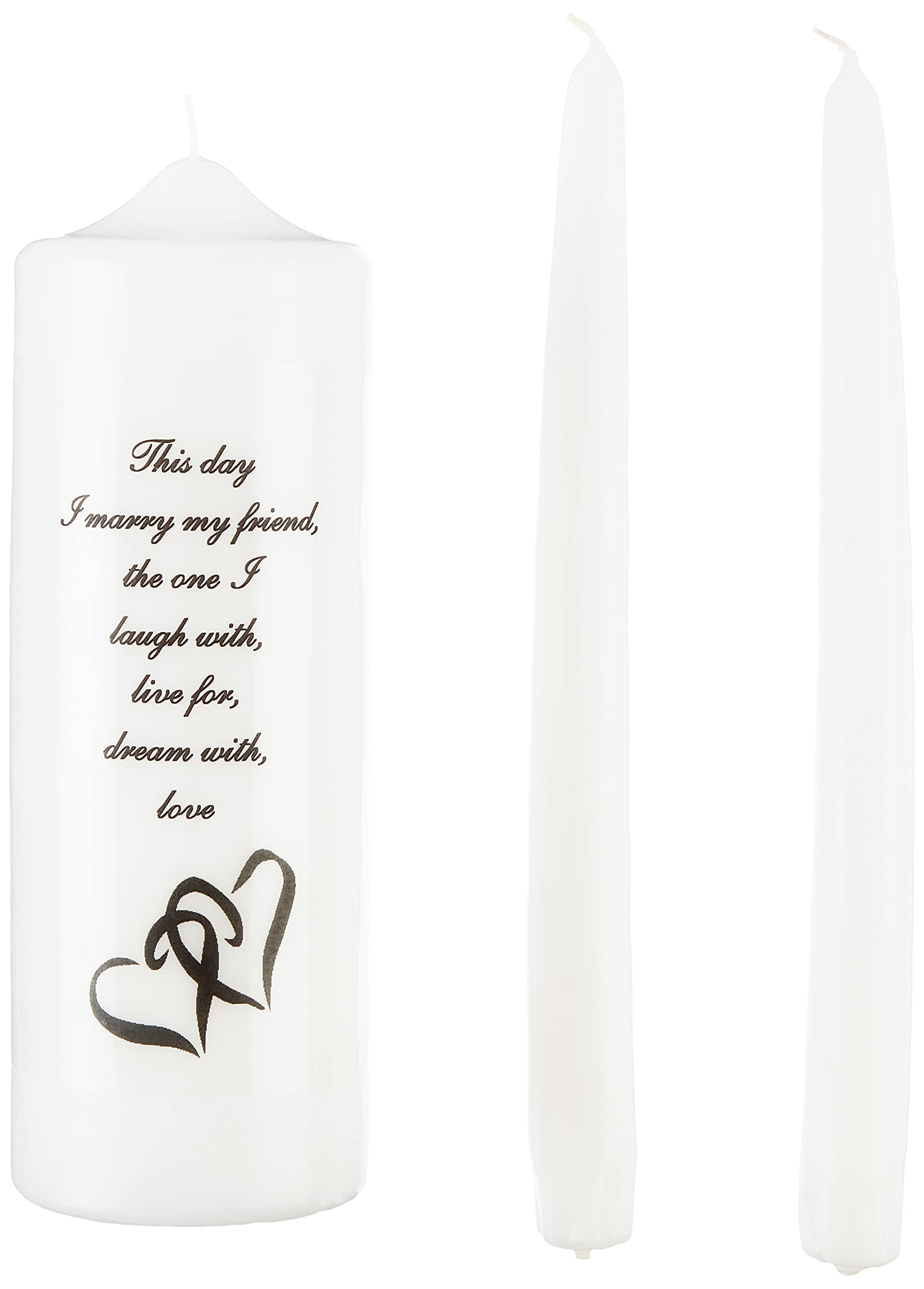 Wedding Unity Candle Set, with 9-inch Pillar with Double Heart Motif and This Day I Marry My Friend Verse, with 10-inch Taper Candles, White