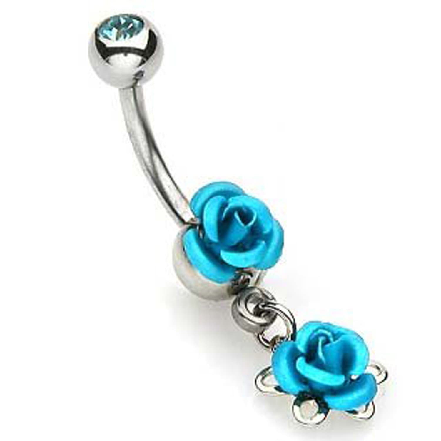 Double Blue Rose Navel Belly Ring with Gem Ball