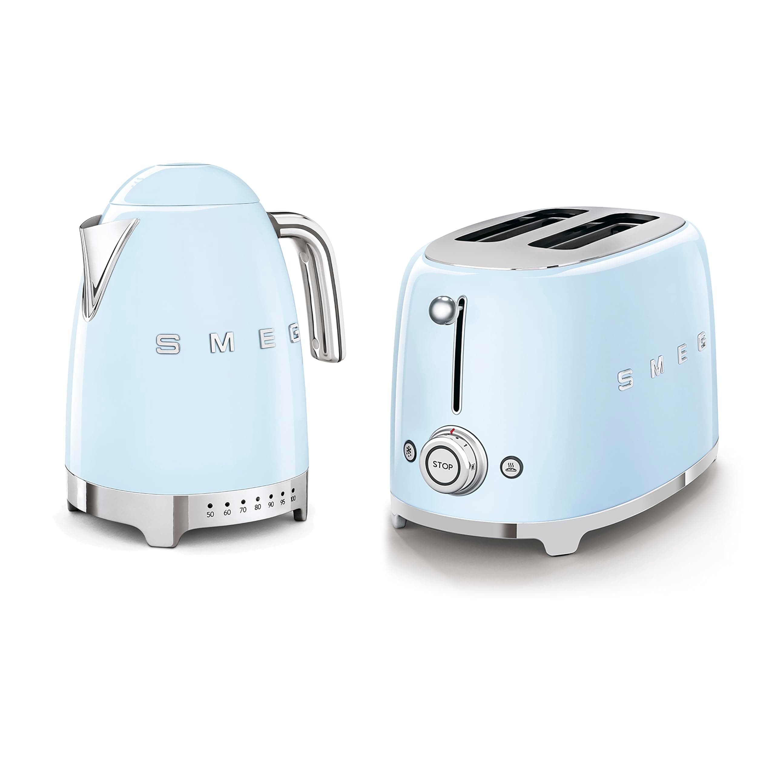 50’s Style Retro Range Breakfast Set, 1.7L 3000W Variable Temperature Kettle and Multi-Functional Control 2-Slice 950W Toaster, Pastel Blue, KLF04PBUK/ TSF01PBUK