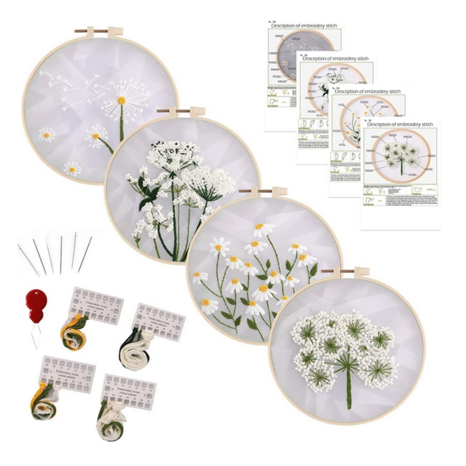 SKEIDO 4Pcs Embroidery Starter Kit for Beginners Adults Different Patterns Embroidery Stitch Kit Portable Embroidery Stitch Practice