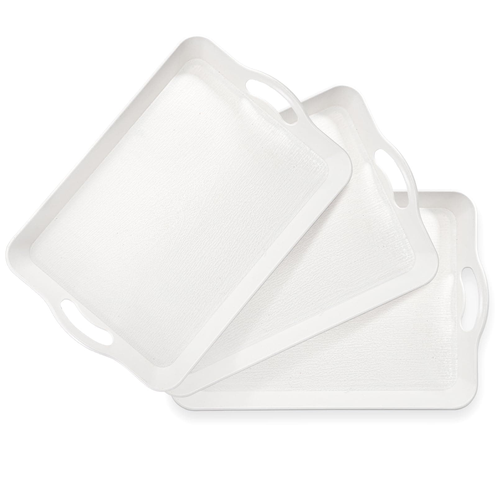Cedilis 3 Pack Serving Trays with Handles, 40.6 x 28 cm Food Serving Tray, Rectangular White Plastic Stackable Tray for Restaurant, Parties, Coffee Table