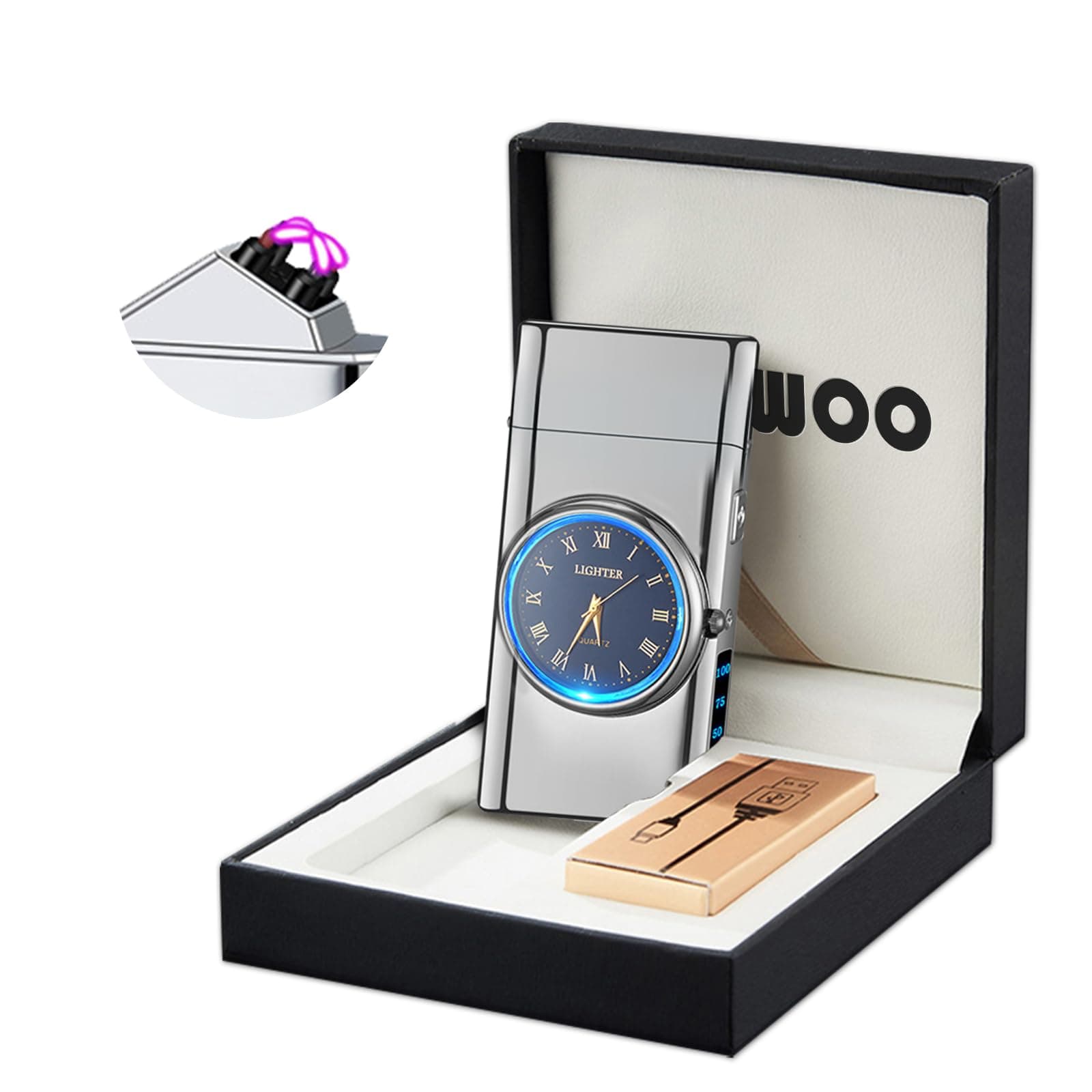 YOZWOO Plasma Lighter, USB Rechargeable, Electronic Lighter with Clock, Stylish, Totem of Eagle, Dual Arc Lighter with LED Lighting, Flameless Windproof Electric Lighter, Silver