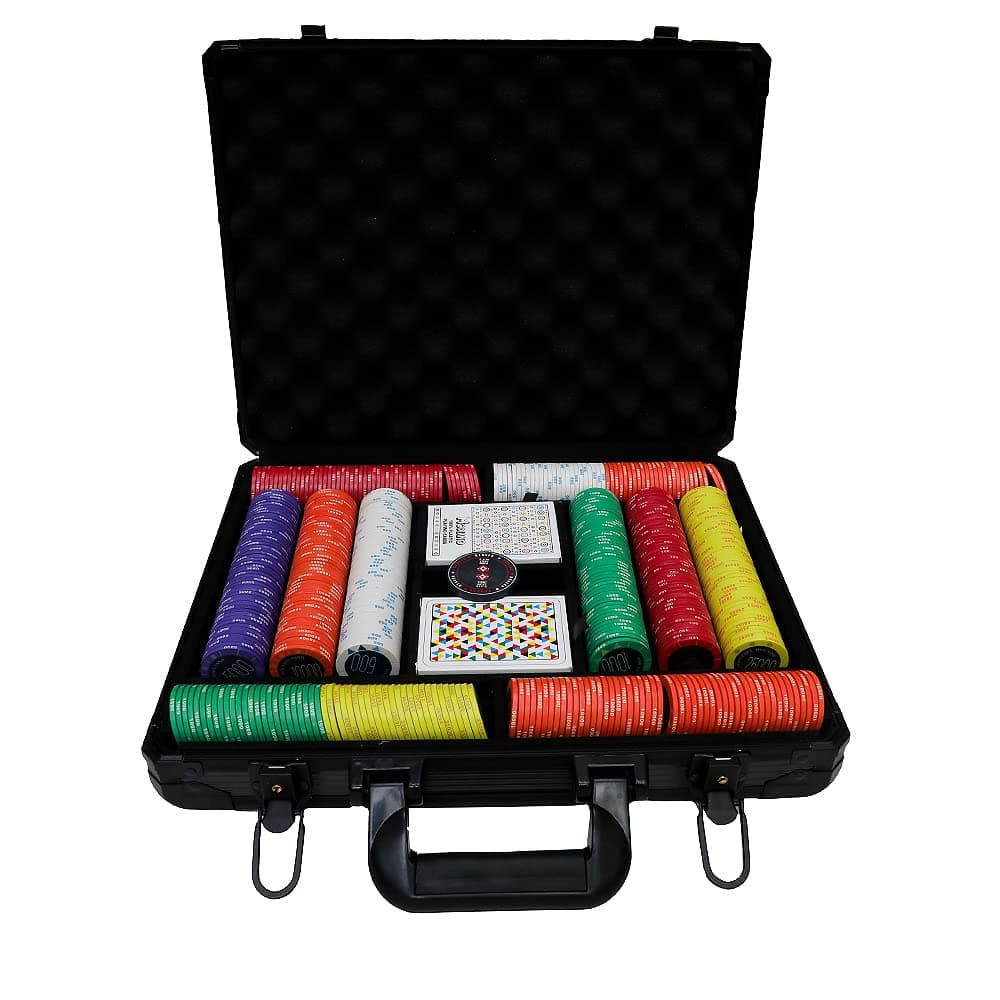Poker Stuff India 500 Multi Colour Ceramic Poker Chip Set in Jumbo Denomination 100 to 25000 with 1 Dealer Button, 2 Pack of Modiano Playing Cards Packed in Square Shape Luxury Box