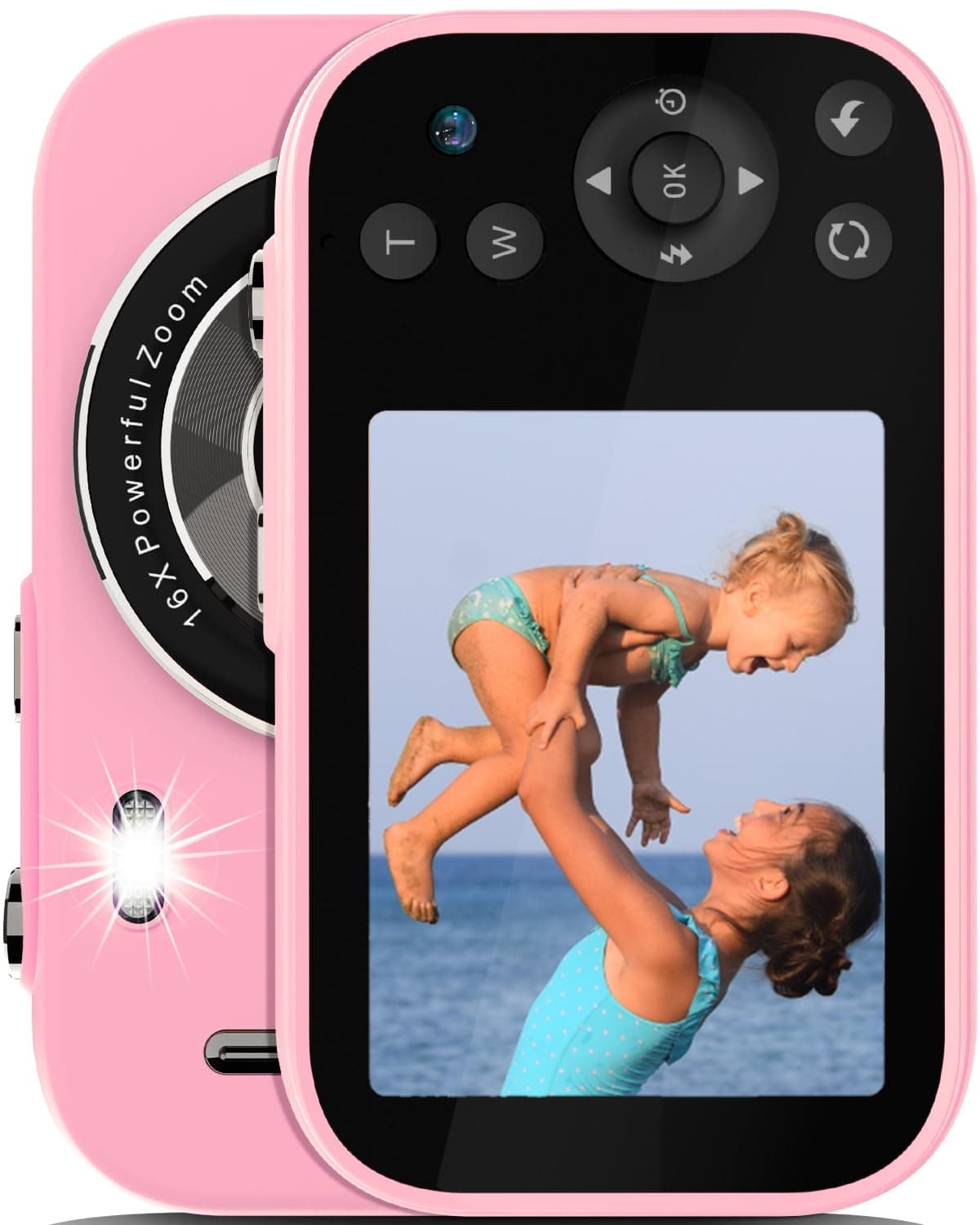 Digital Camera, 4K Autofocus Vlogging Camera for Kids with 16x Zoom Anti Shake, Flash and 48MP Point, Kid Camera with 32GB SD Card, Lanyard, Portable Toy Kids (Pink)