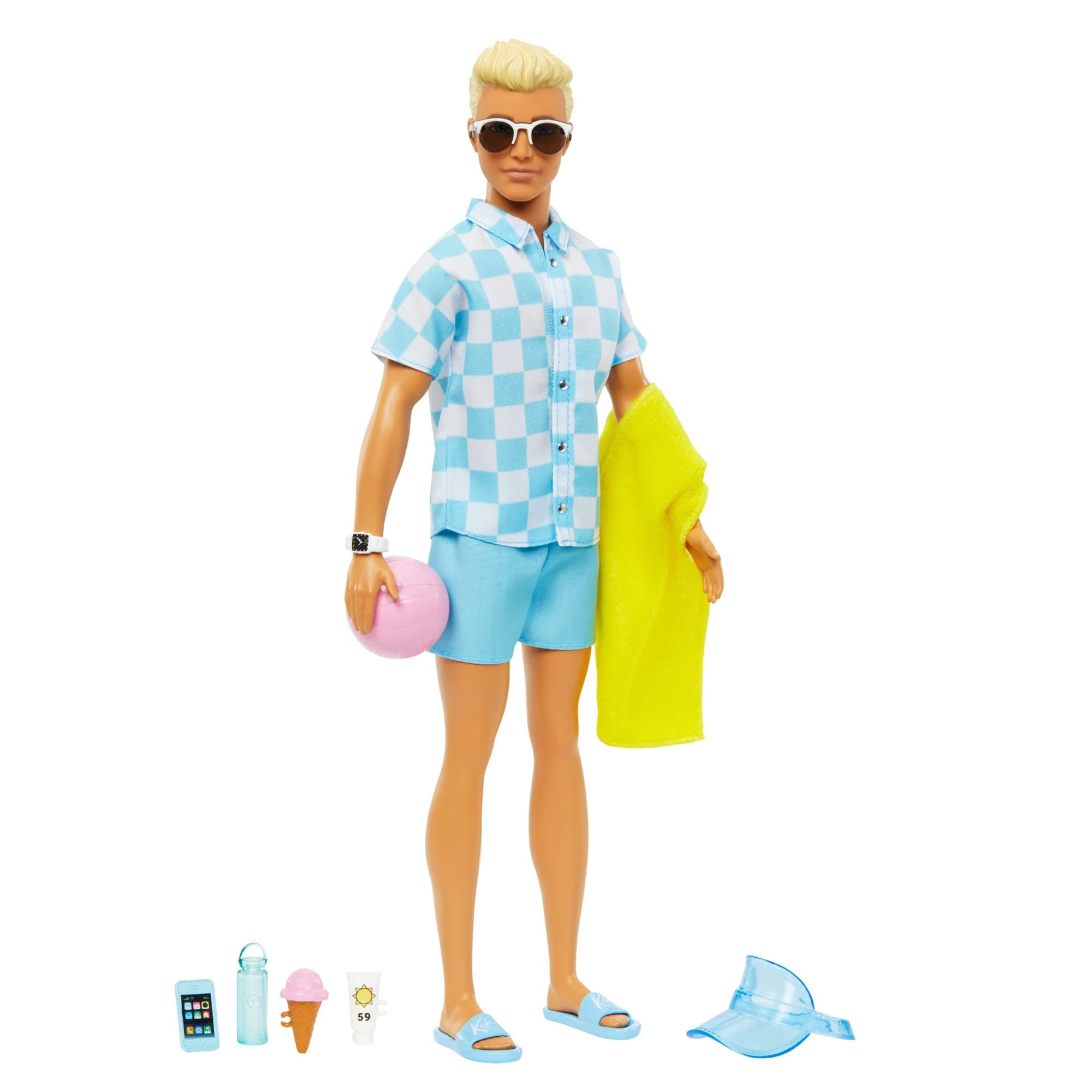Barbie - Blonde Ken Doll with Blue Button Down and Swim Trunks, Visor, Towel and Beach-Themed Accessories, HPL74