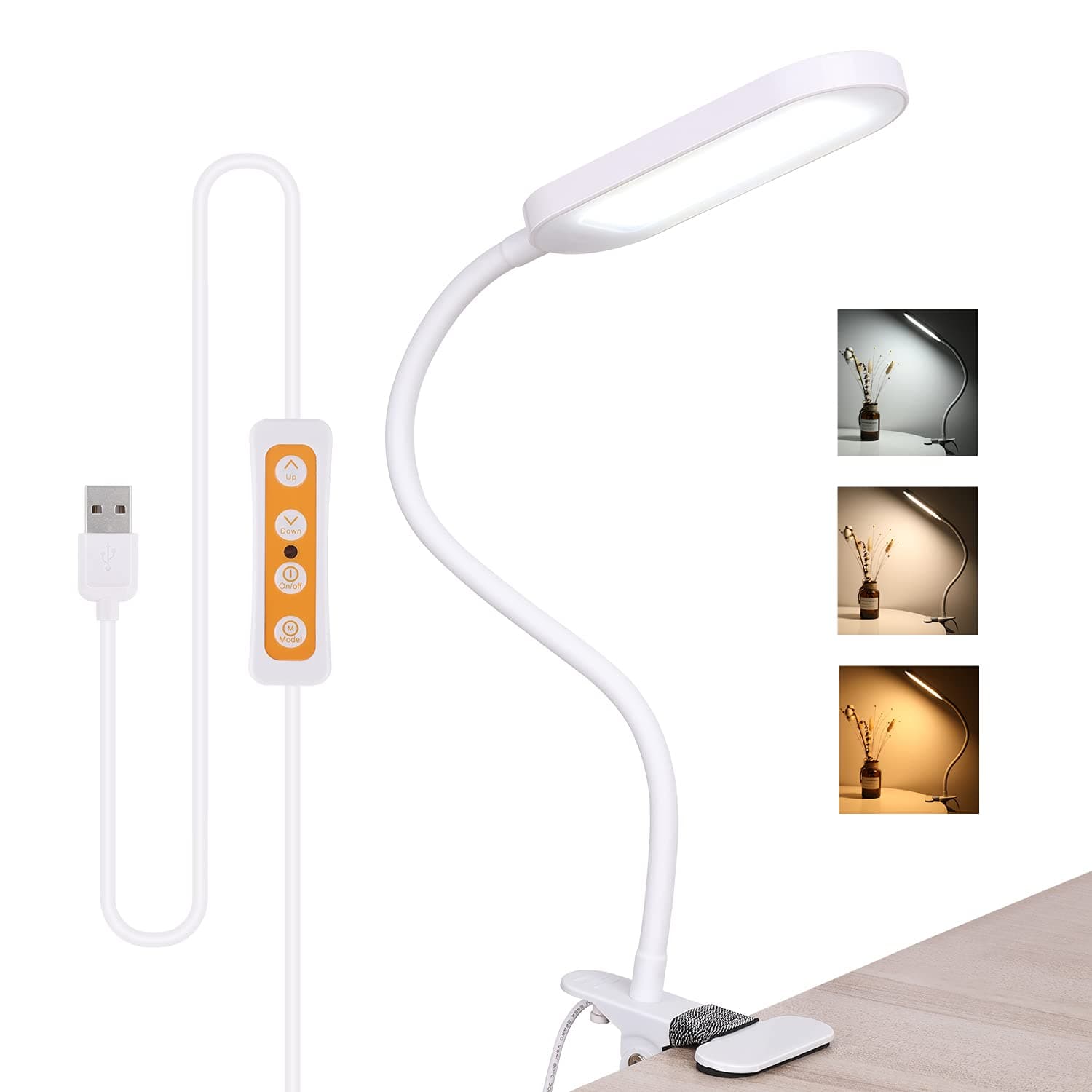 Clip on Light Reading Lights USB Desk Lamp with 3 Color Temperature and 10 Brightness Dimmer Flexible 360 ° Gooseneck Bed Light for Study (White)