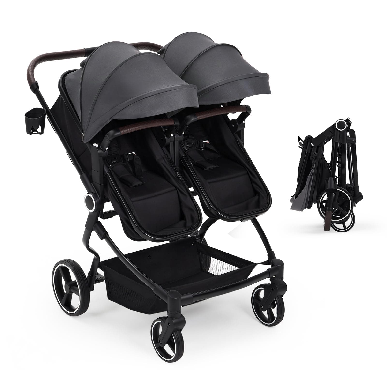 Side by Side Double Stroller for Twins, Lightweight Compact Foldable Baby Travel Stroller with High Landscape Seat, Adjustable Canopy & Recline for Infant and Toddler, Dark Grey