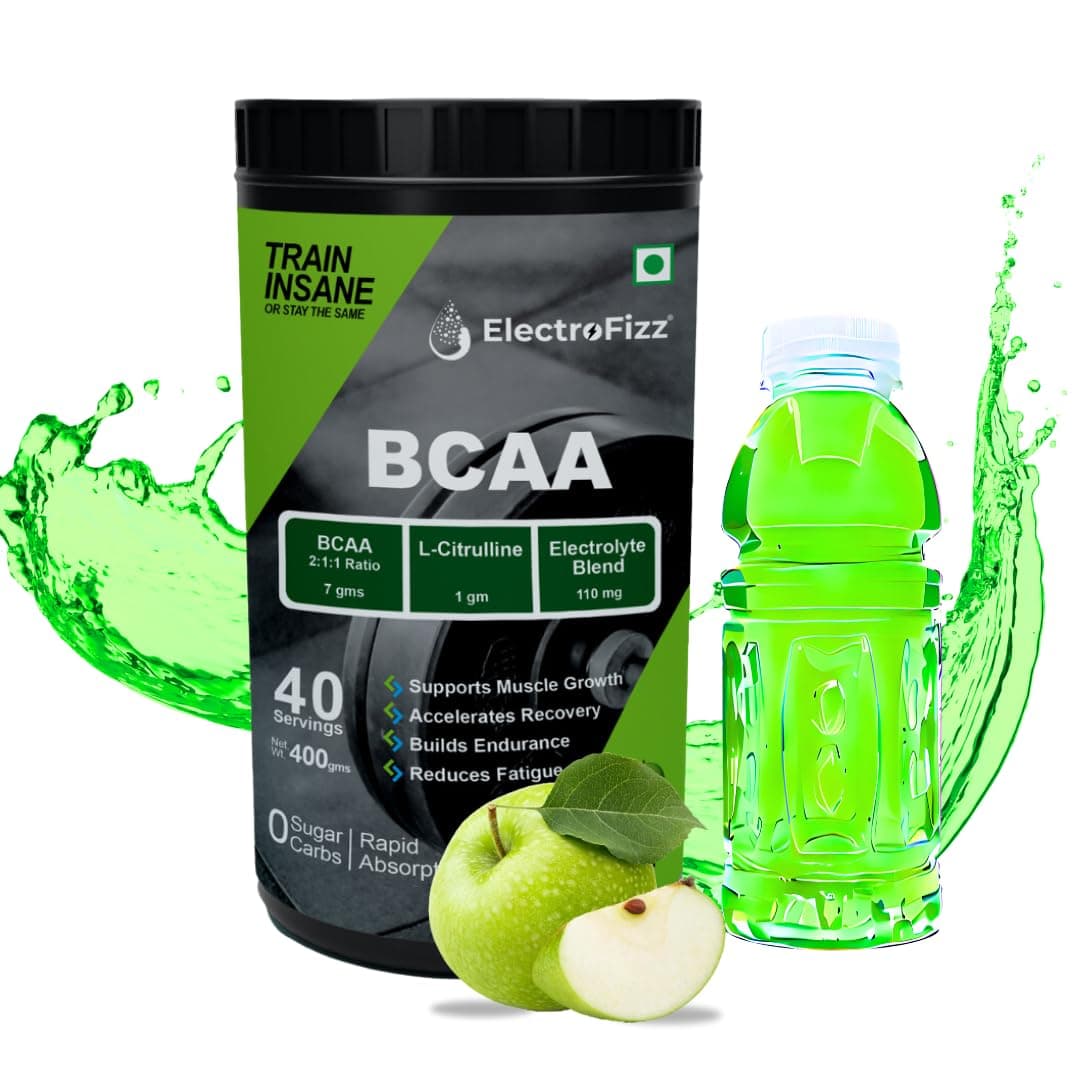 BCAA 7Gms (2:1:1 formula) with Citrulline & Electrolyte Blend for Muscle Recovery & Endurance - Pre/Post Workout & Intra Workout (Green Apple)- 40 servings