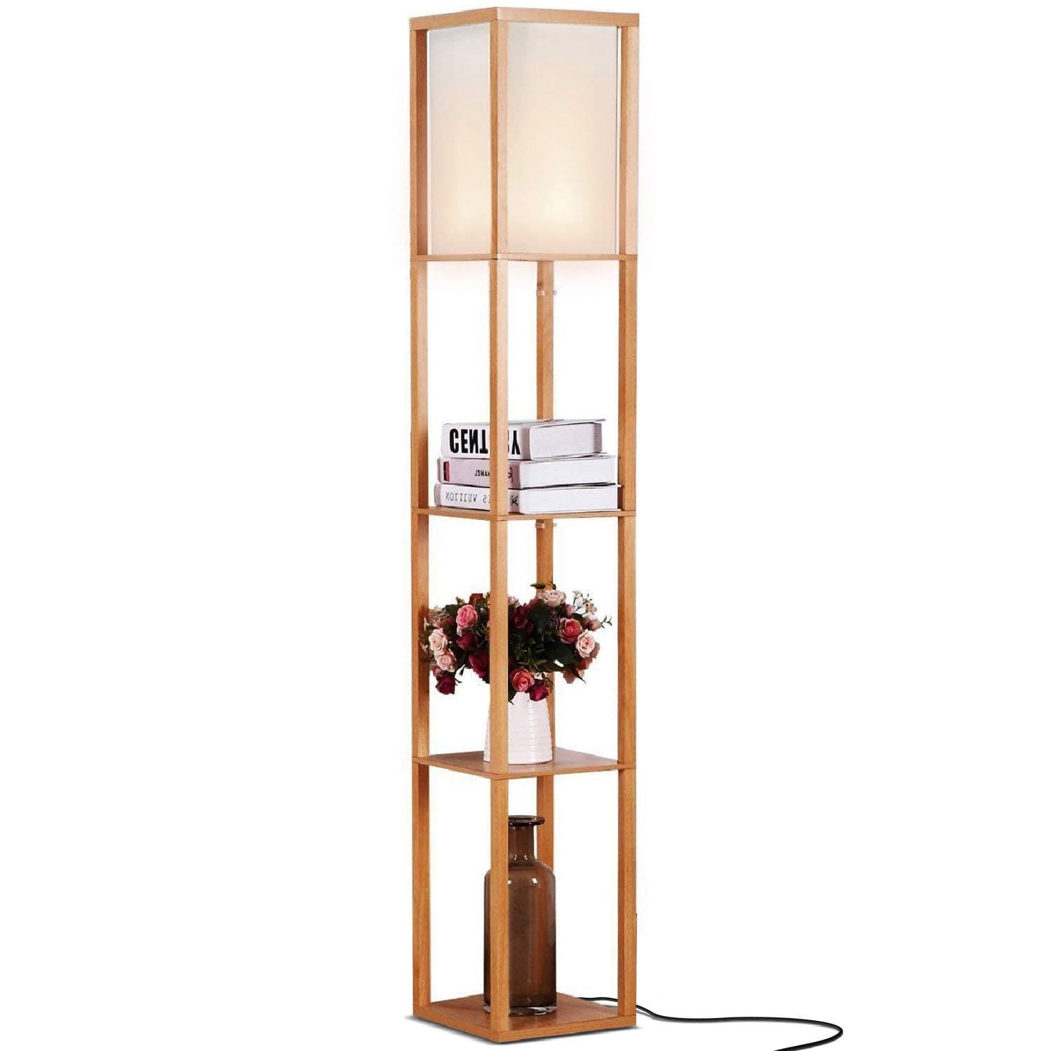 Maxwell - Modern Shelf Floor Lamp with Lamp Shade & Warm White LED Bulb, Corner Display Floor Lamp with Shelves for Living Room, Bedroom, Nightstand Office, Home Decor Storage - Natural Wood
