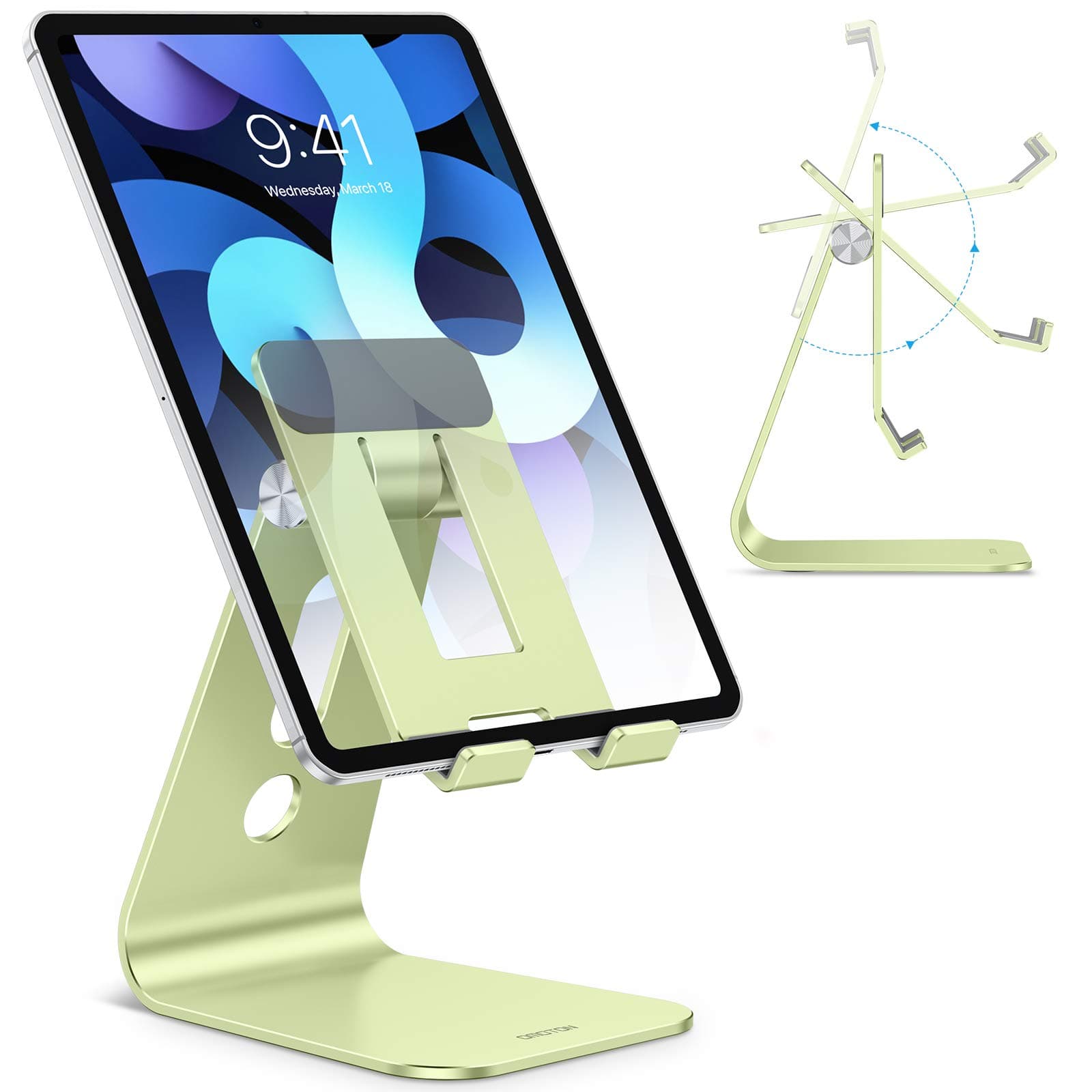 OMOTON Adjustable Tablet Stand for Desk, Upgraded Longer Arms for Greater Stability, T2 Tablet Holder with Hollow Design for Bigger Sized Phones and Tablets Such as iPad Pro/Air/Mini, Green